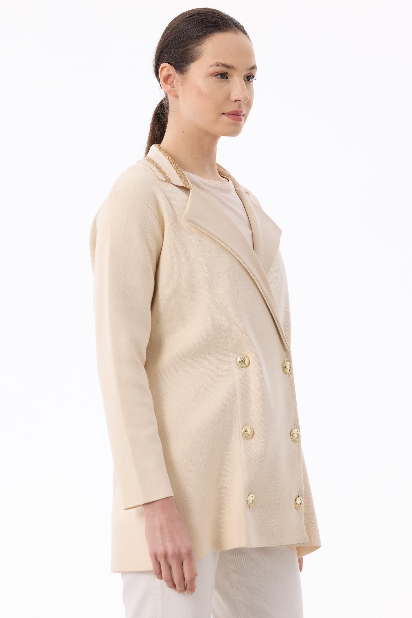 Yakası Deri  Detaylı Çizgili Triko Ceket VANİLYA