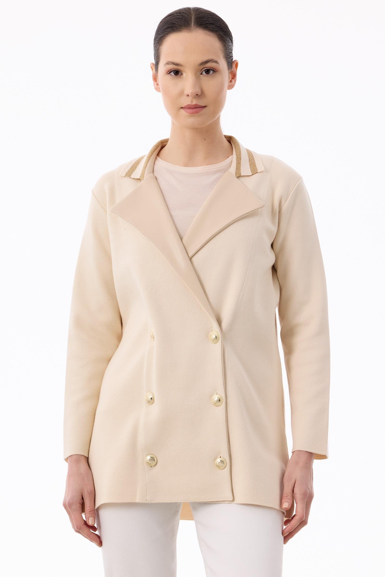 Yakası Deri  Detaylı Çizgili Triko Ceket VANİLYA