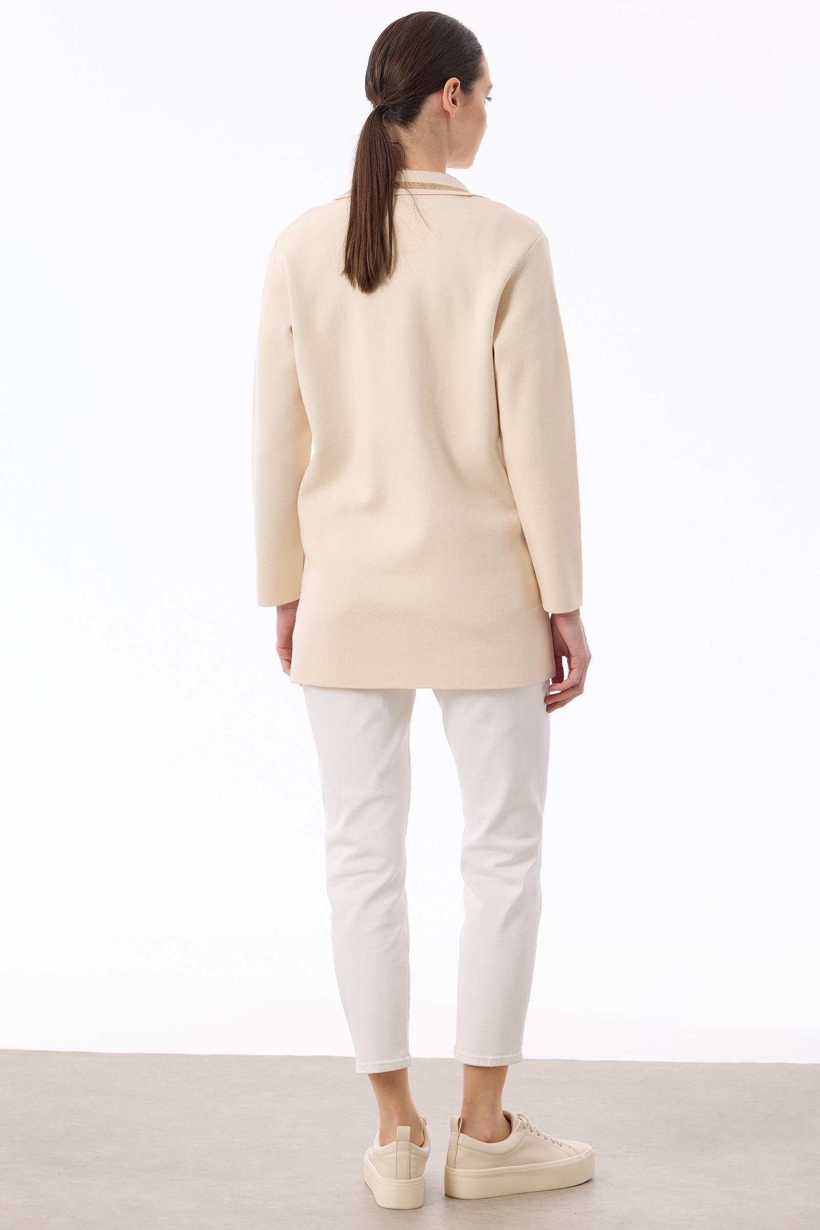 Yakası Deri  Detaylı Çizgili Triko Ceket VANİLYA