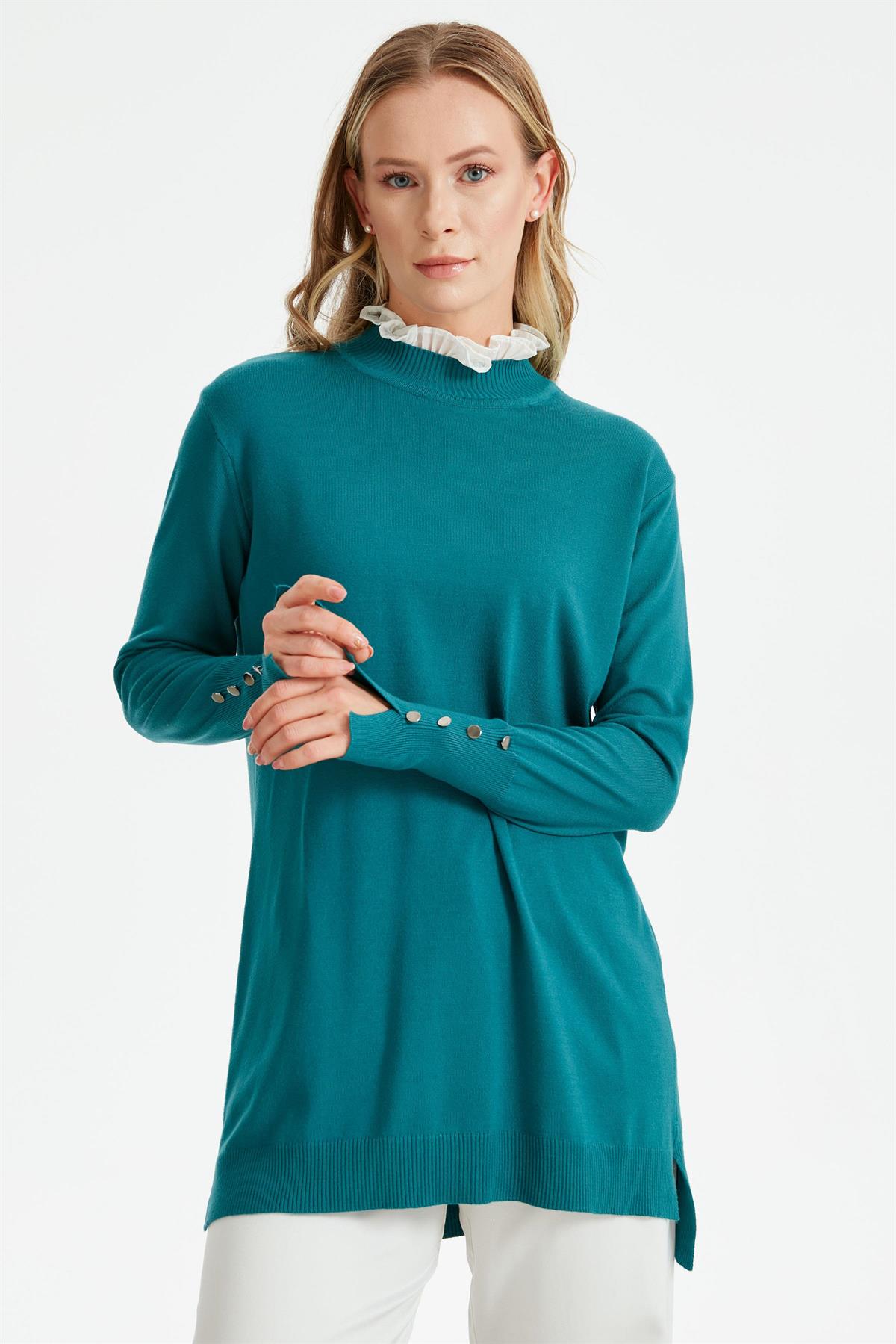 YAKASI FIRFIR  DETAYLI TRİKO TUNİK AÇIKPETROL