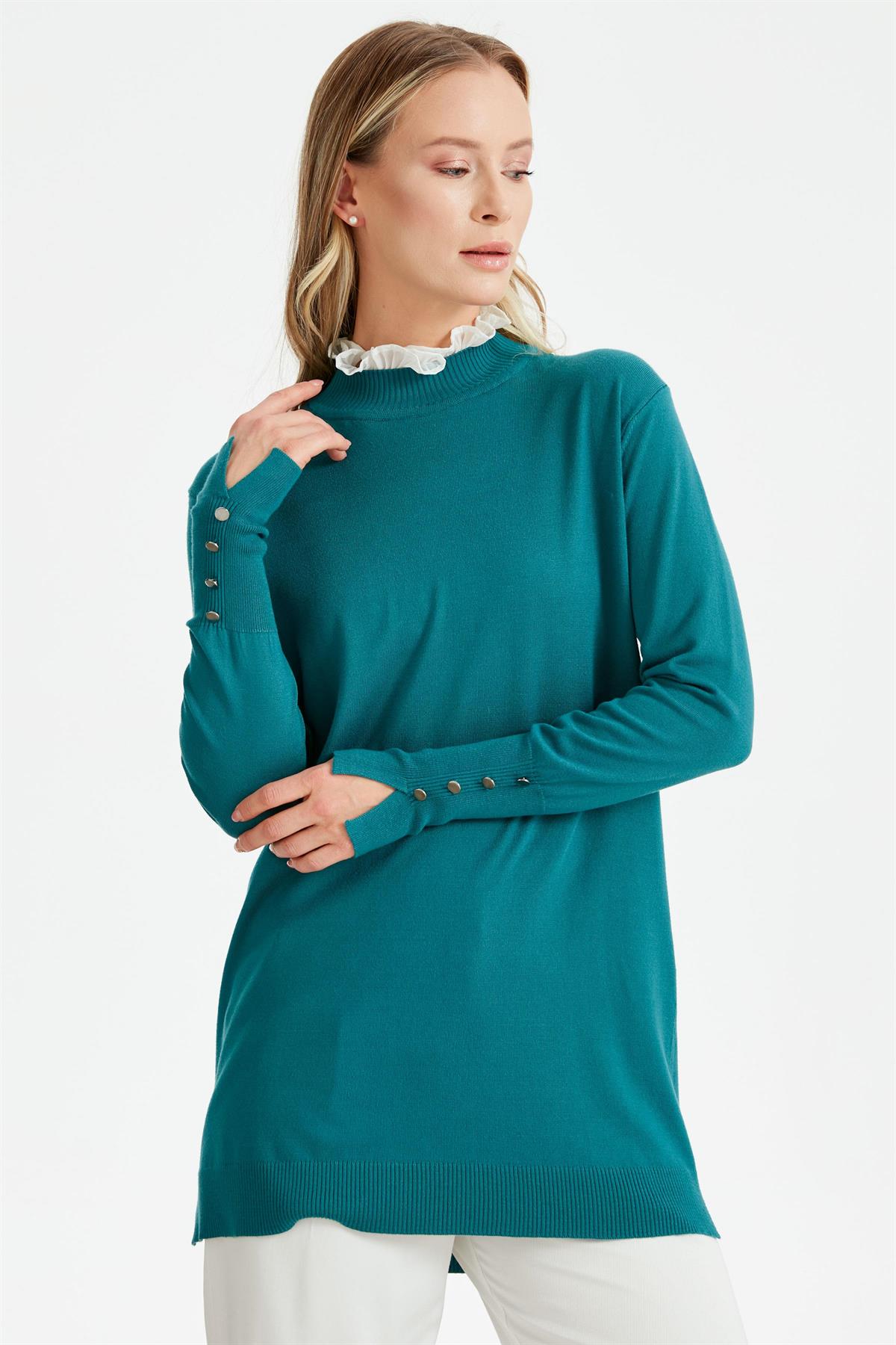 YAKASI FIRFIR  DETAYLI TRİKO TUNİK AÇIKPETROL