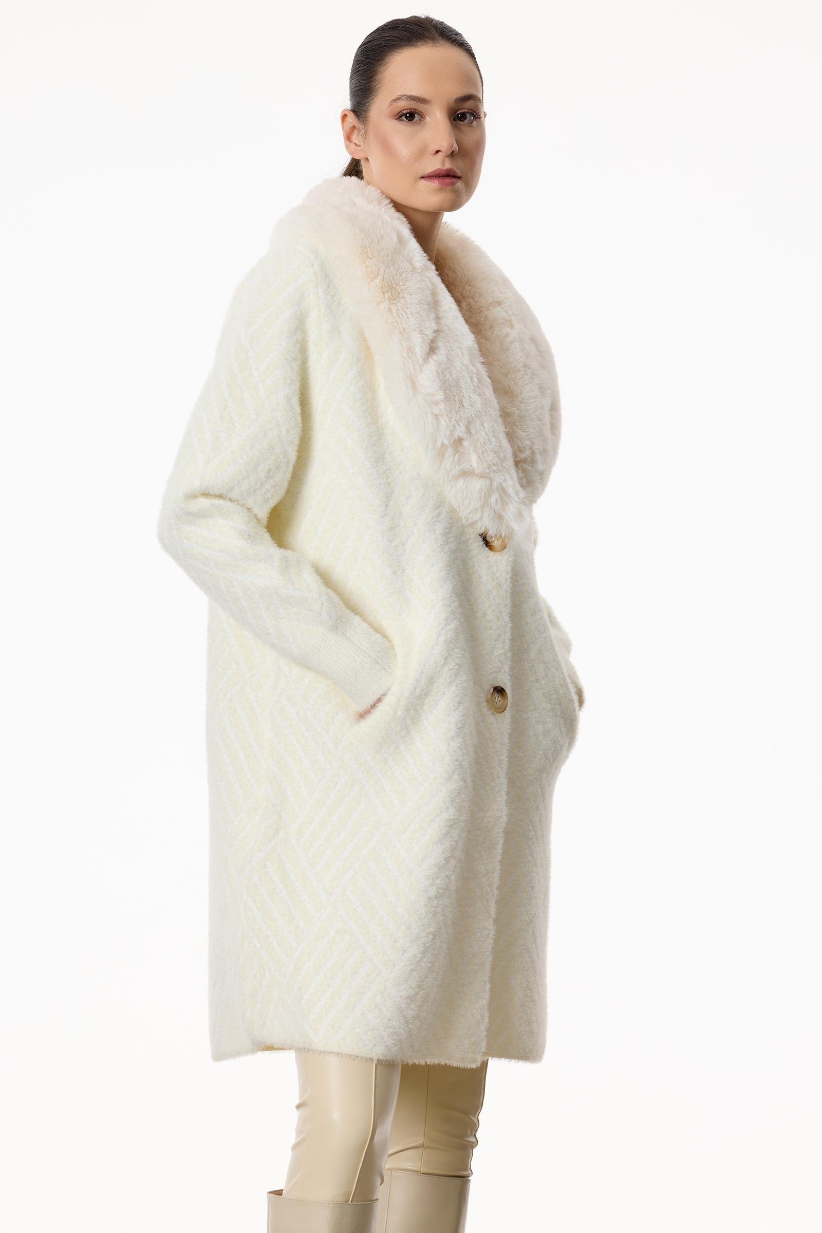 Yakası Kürklü Triko Kaban EKRU