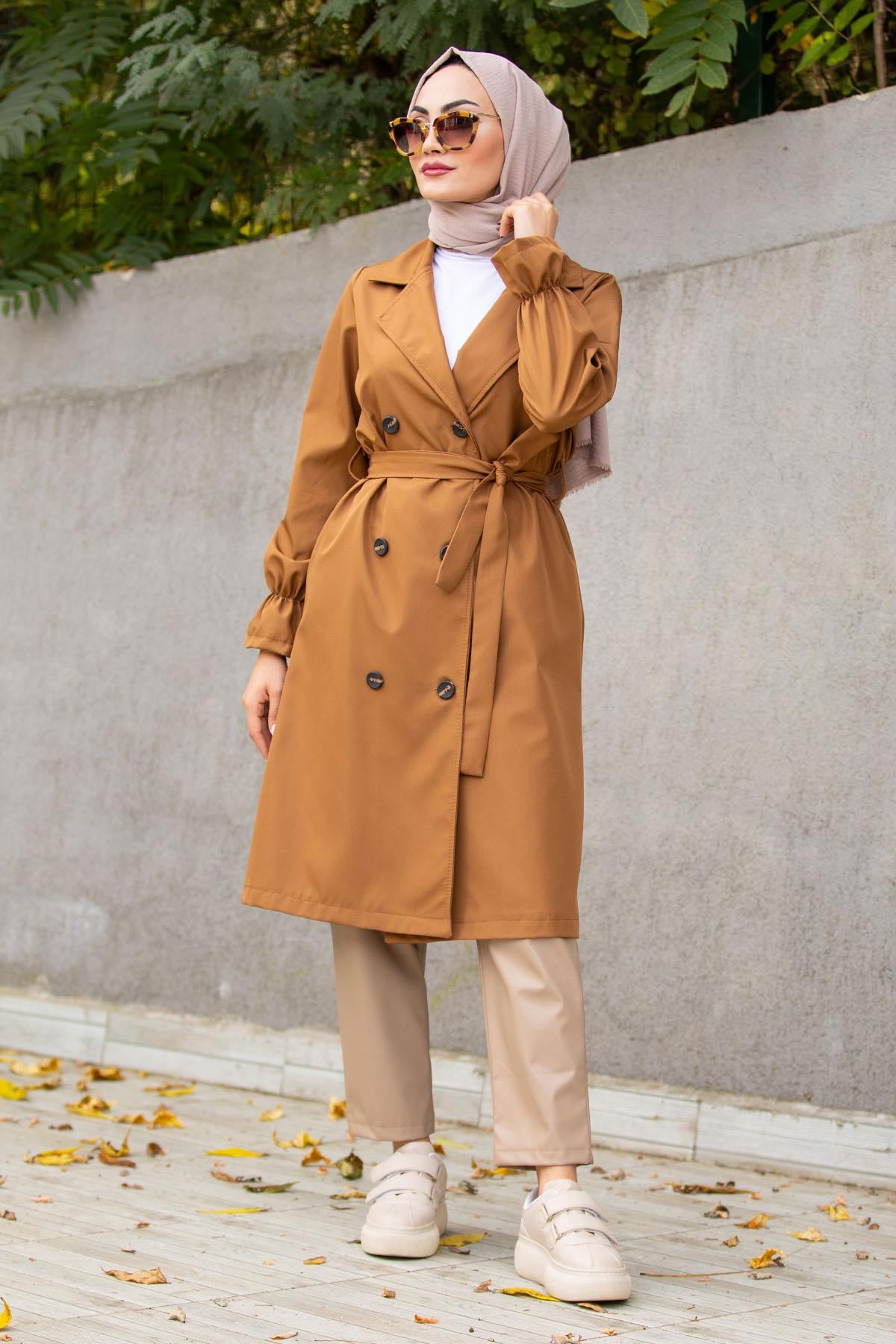 Altı Düğmeli Astarsız Trençkot-Taba