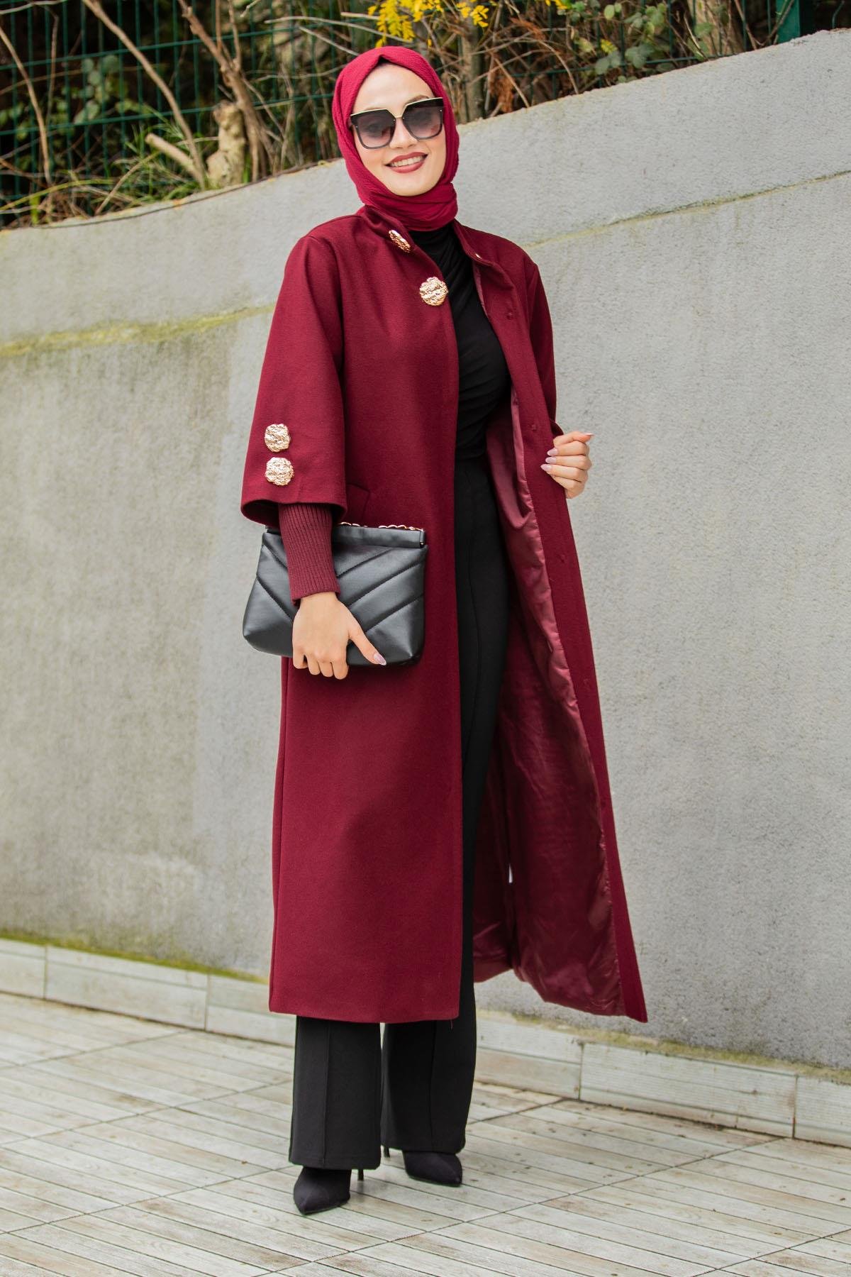 Amour Premium Kaşe Ribanalı Kaban-Bordo