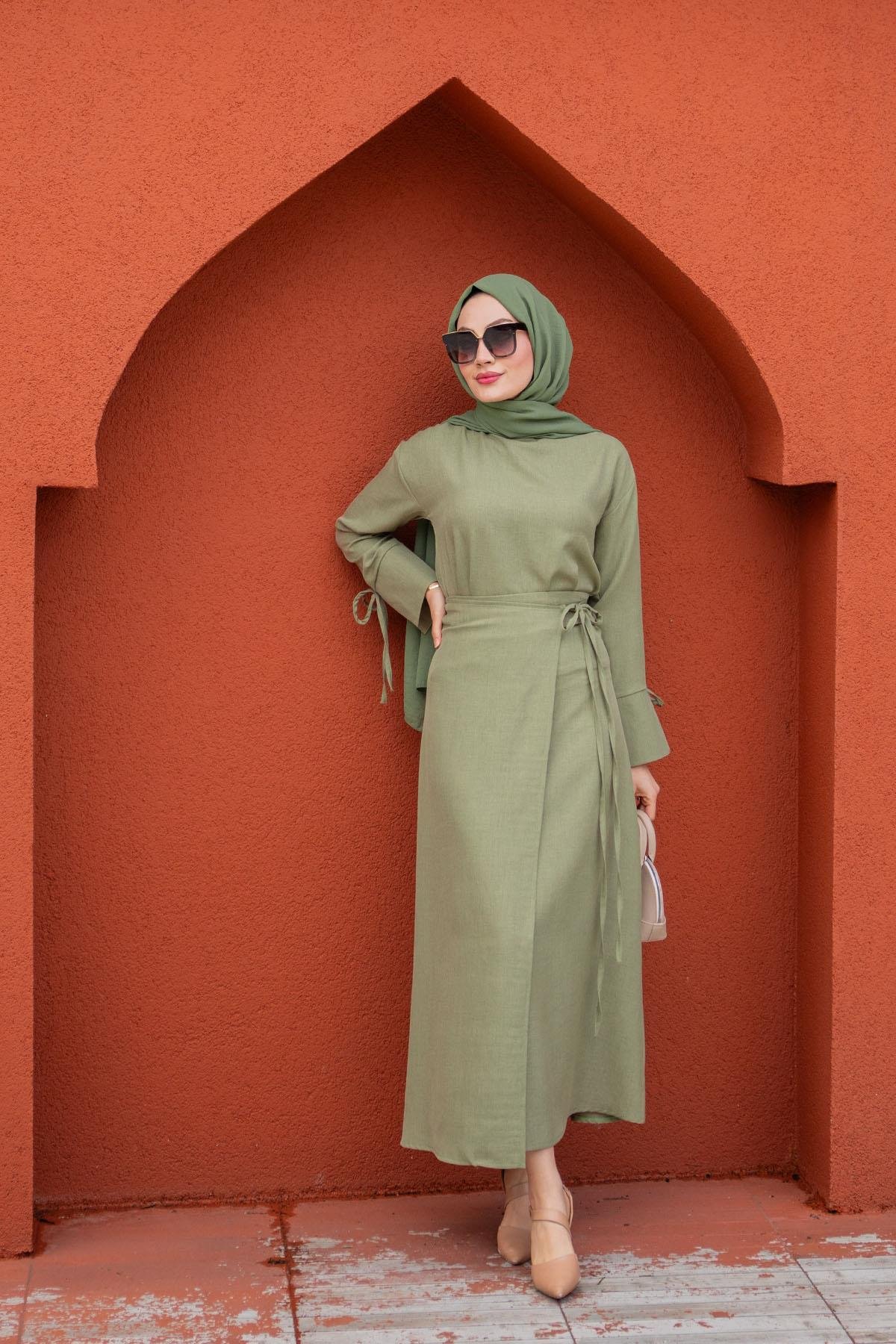 Anvelop Bağlamalı Etek Bluz Takım-Mint