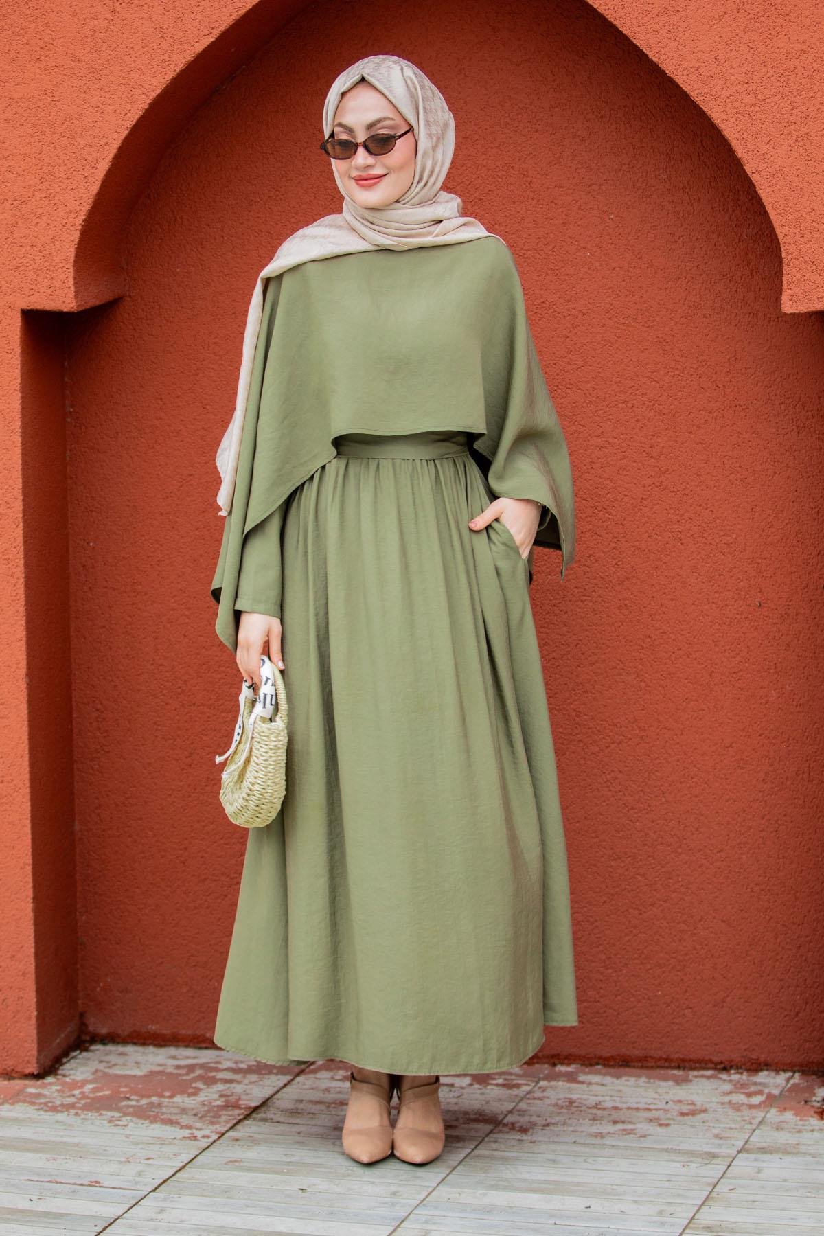 Aris Modal Krep Pelerin Elbise-Mint