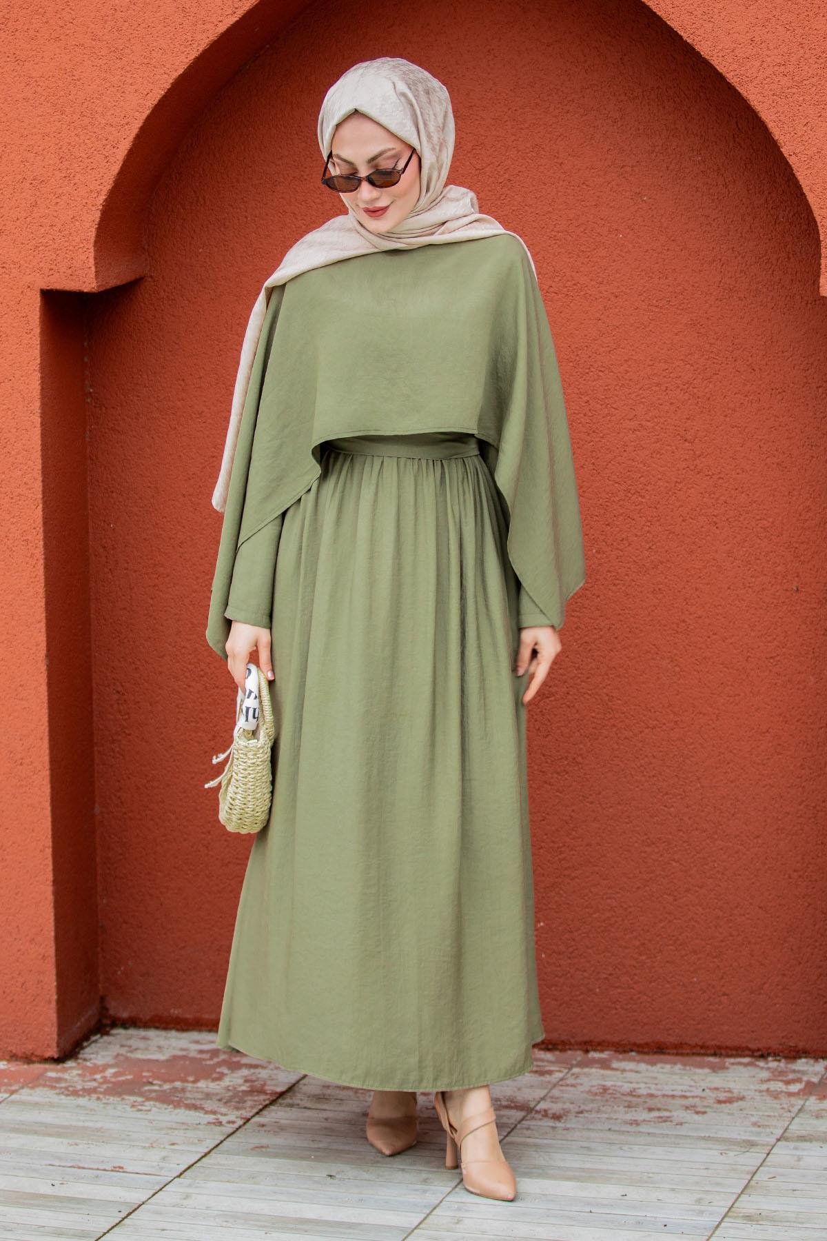 Aris Modal Krep Pelerin Elbise-Mint