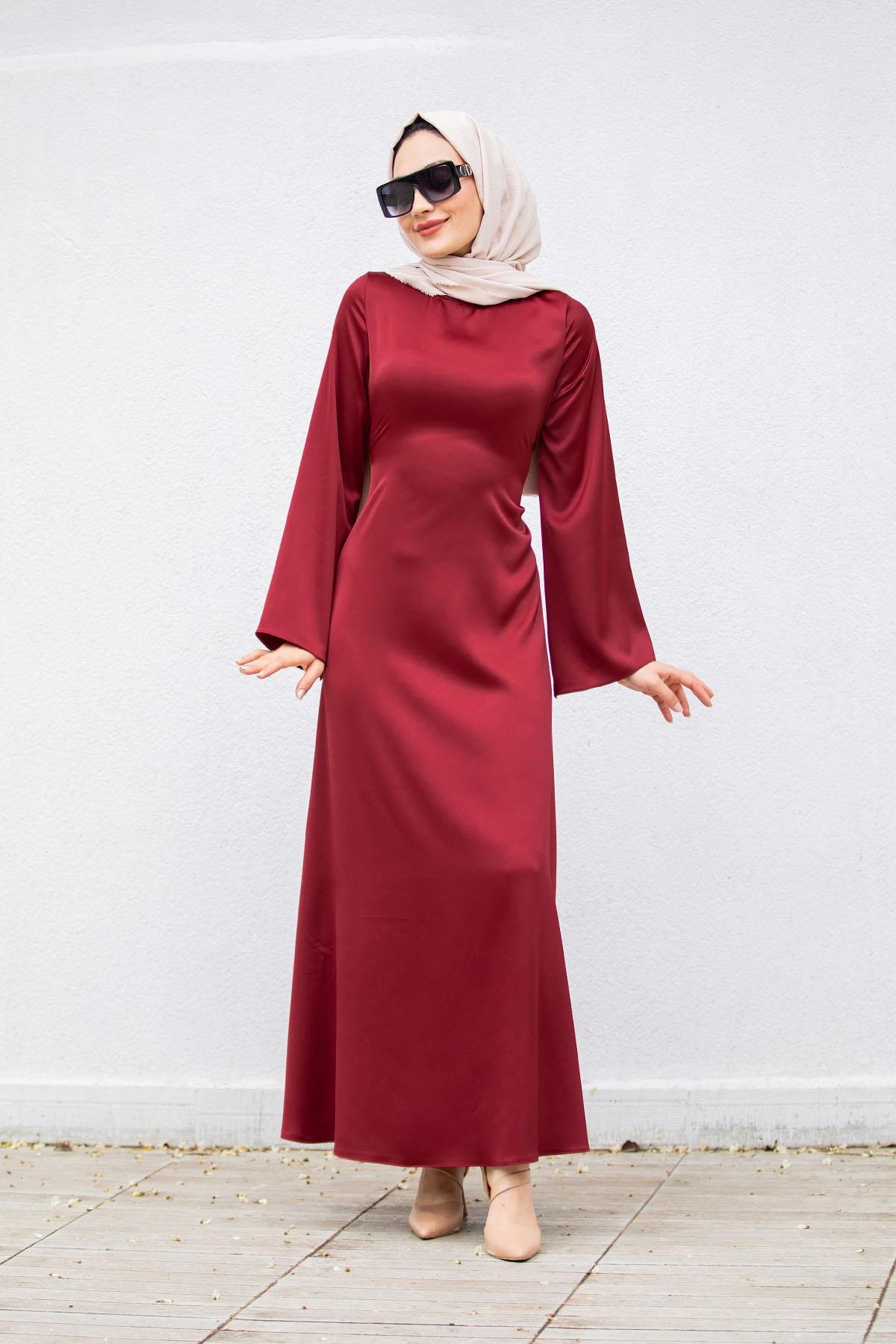 Arka Bağlamalı Saten Abiye-Bordo