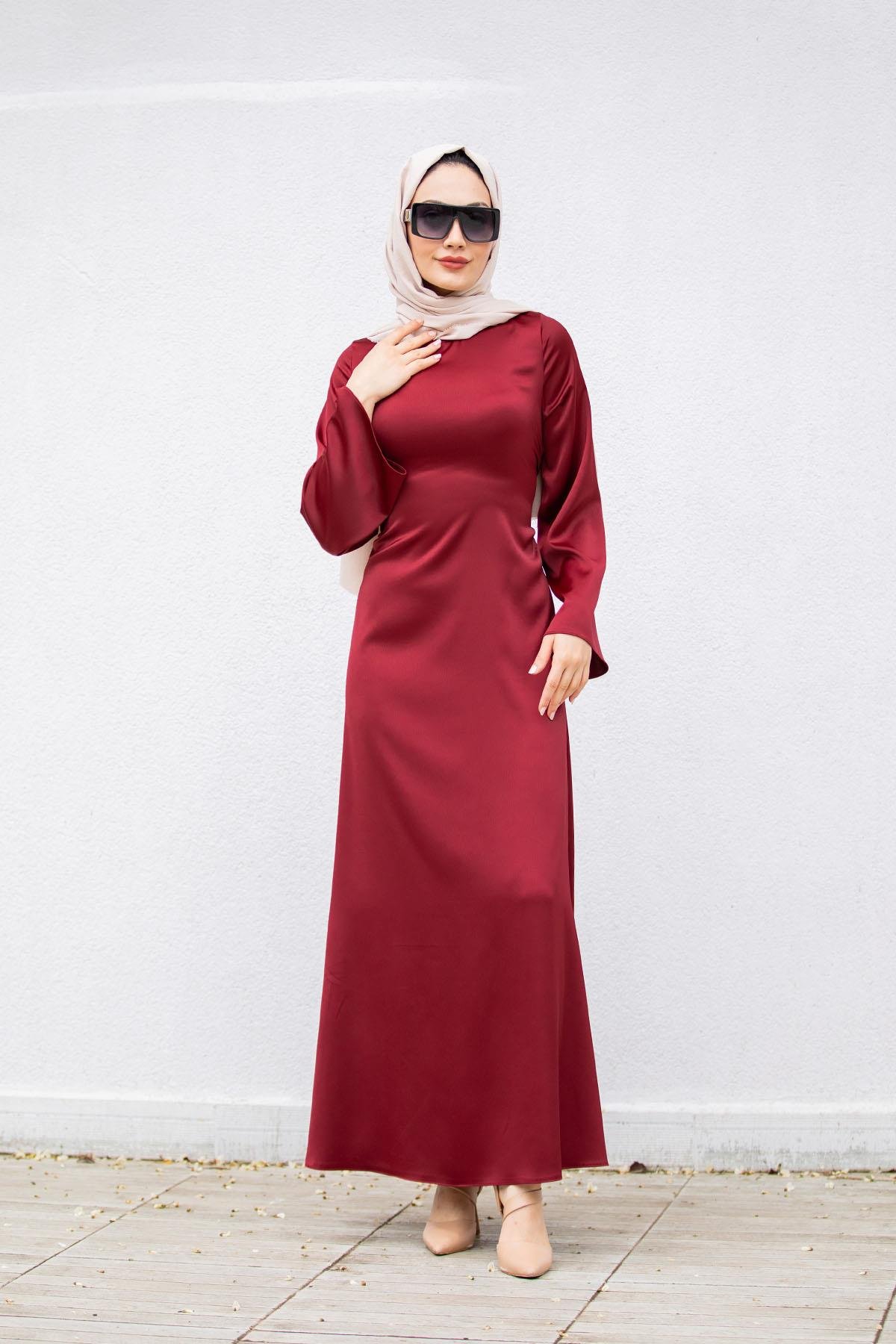 Arka Bağlamalı Saten Abiye-Bordo