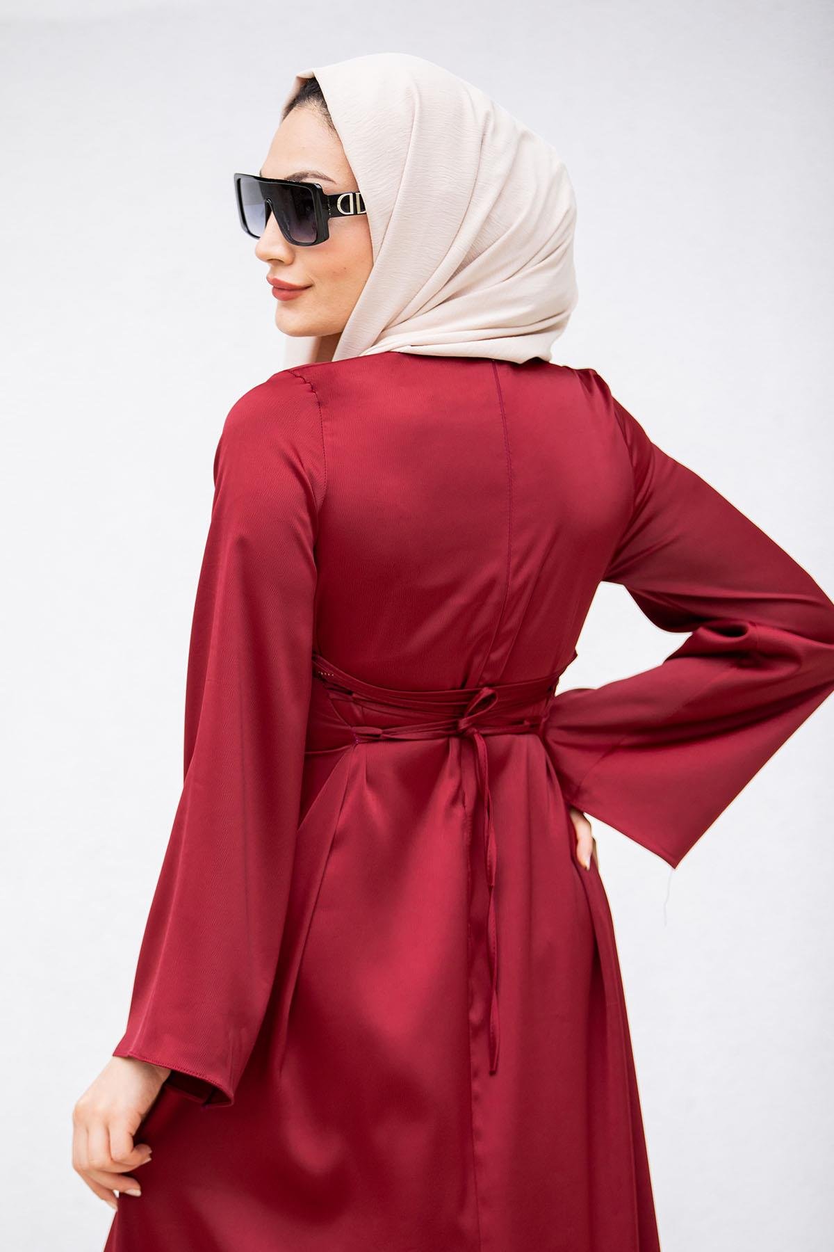 Arka Bağlamalı Saten Abiye-Bordo