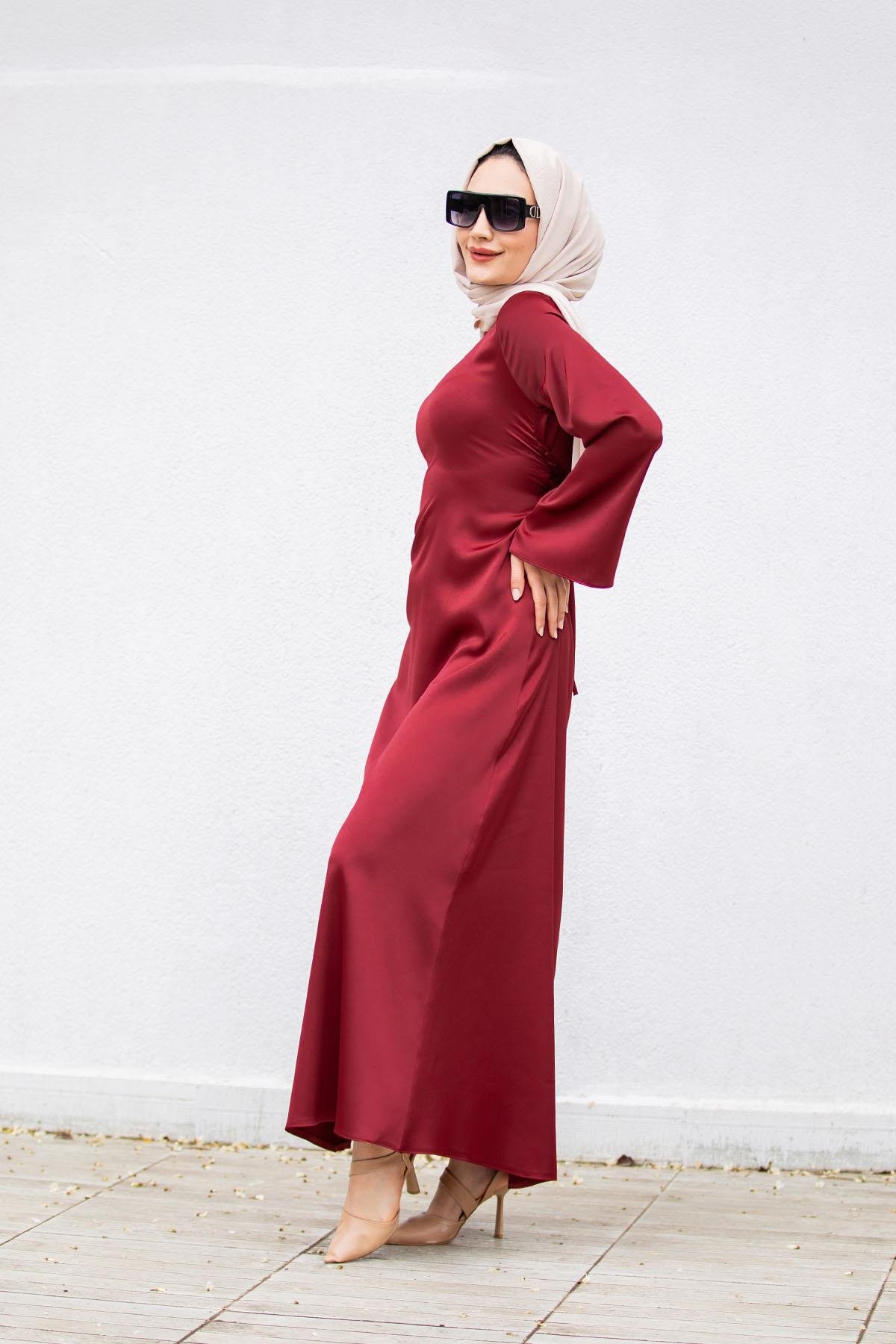 Arka Bağlamalı Saten Abiye-Bordo