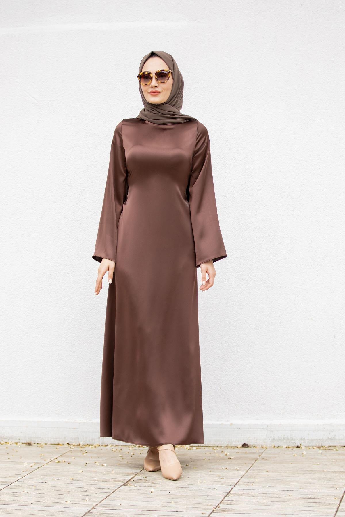Arka Bağlamalı Saten Abiye-Kahve