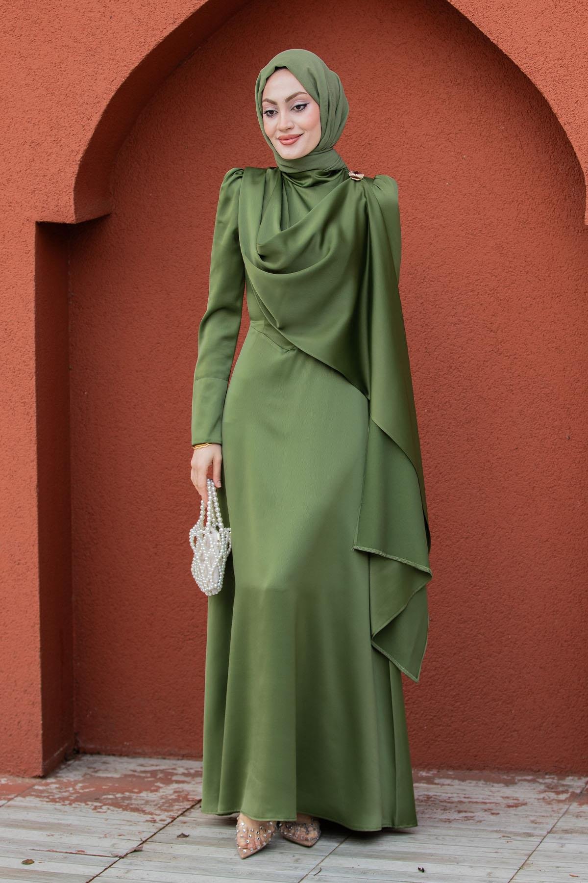 Aymir Degaje Pelerin Detaylı Saten Abiye-Yeşil