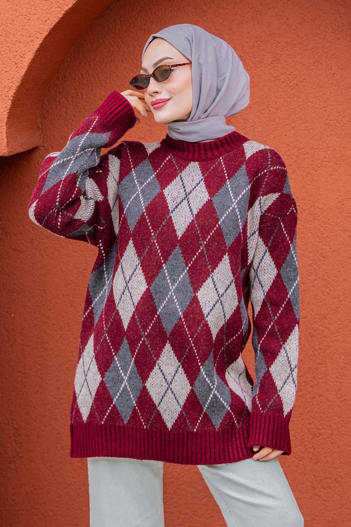 Baklava Desenli Yumoş Yün Triko Kazak-Bordo