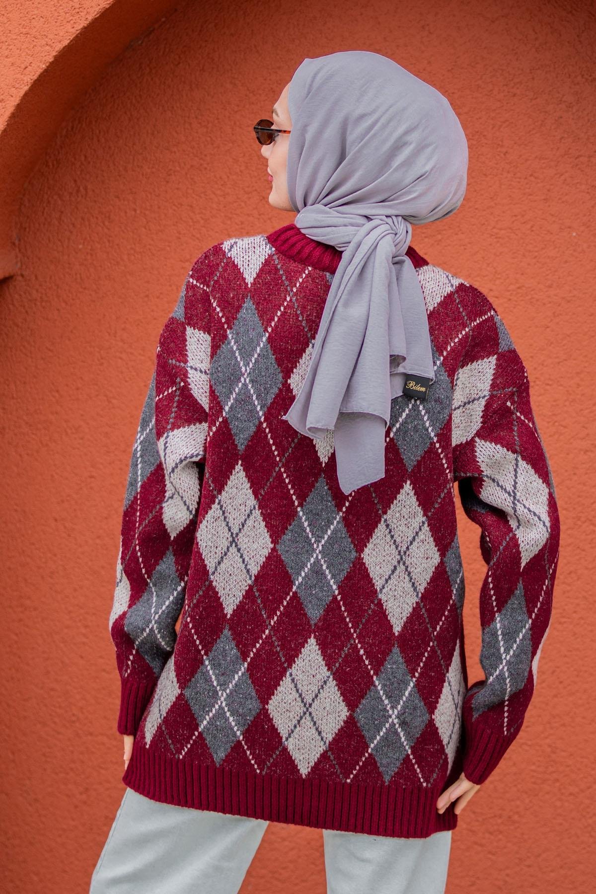 Baklava Desenli Yumoş Yün Triko Kazak-Bordo