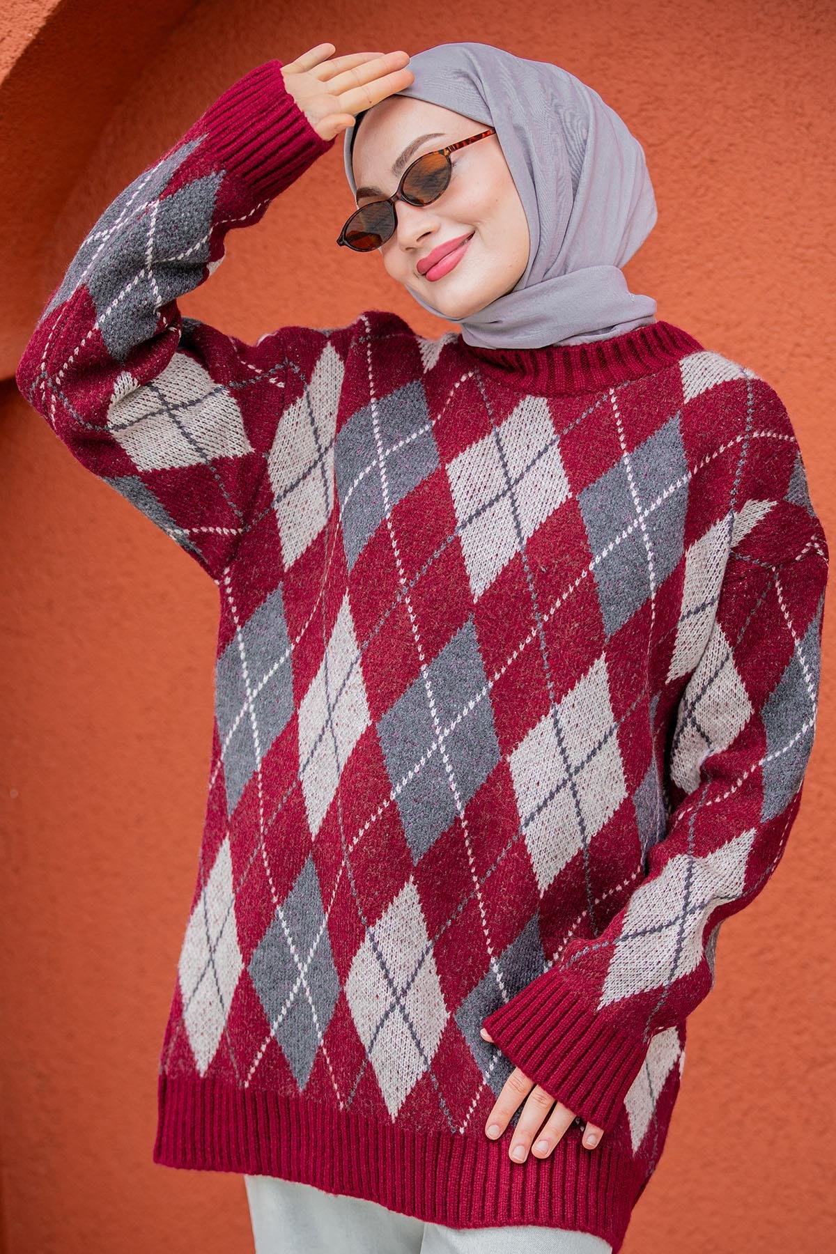 Baklava Desenli Yumoş Yün Triko Kazak-Bordo