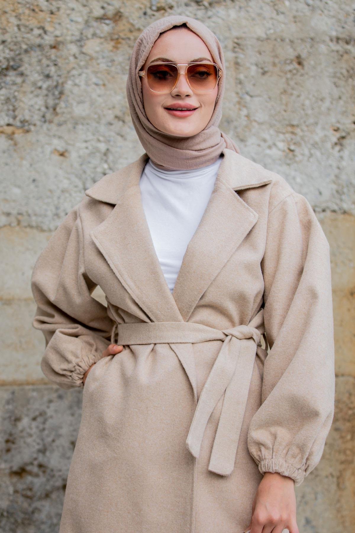 Balon Kol Astarsız Yün Kaşe Kaban-Bej