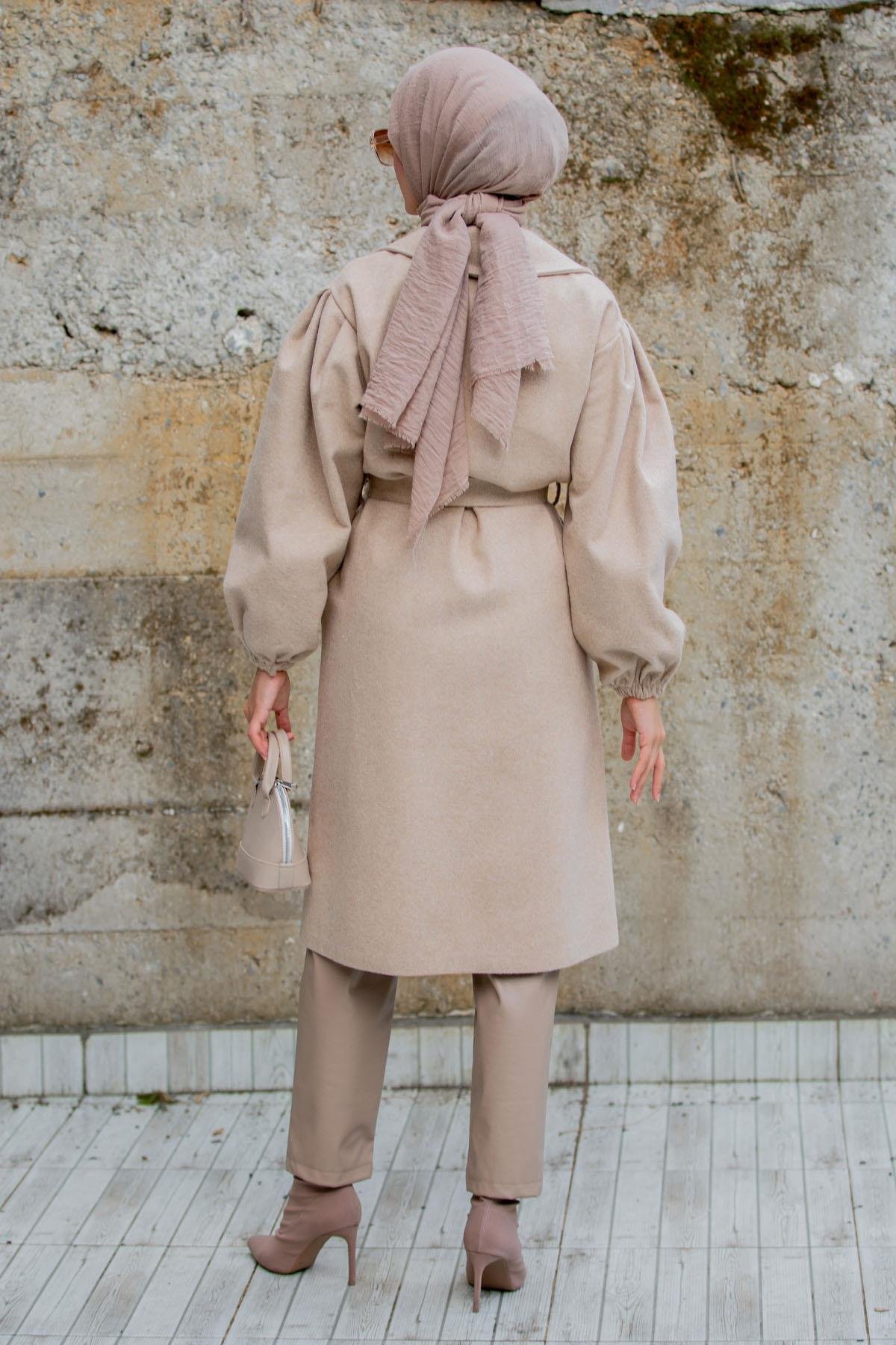 Balon Kol Astarsız Yün Kaşe Kaban-Bej