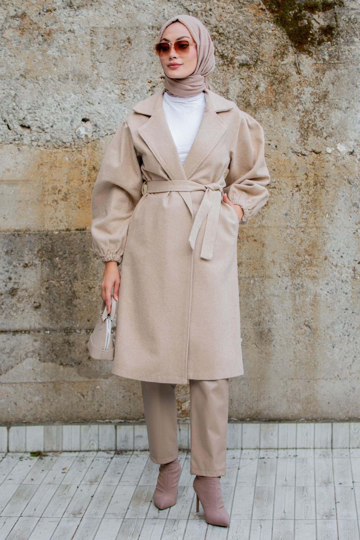 Balon Kol Astarsız Yün Kaşe Kaban-Bej