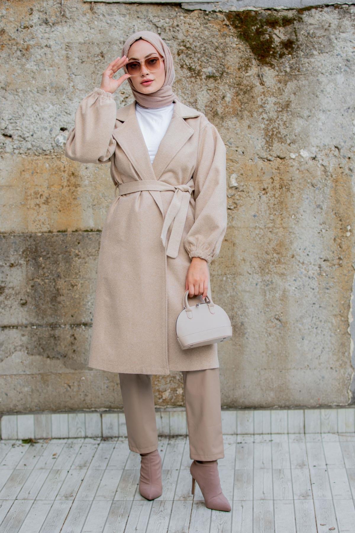 Balon Kol Astarsız Yün Kaşe Kaban-Bej