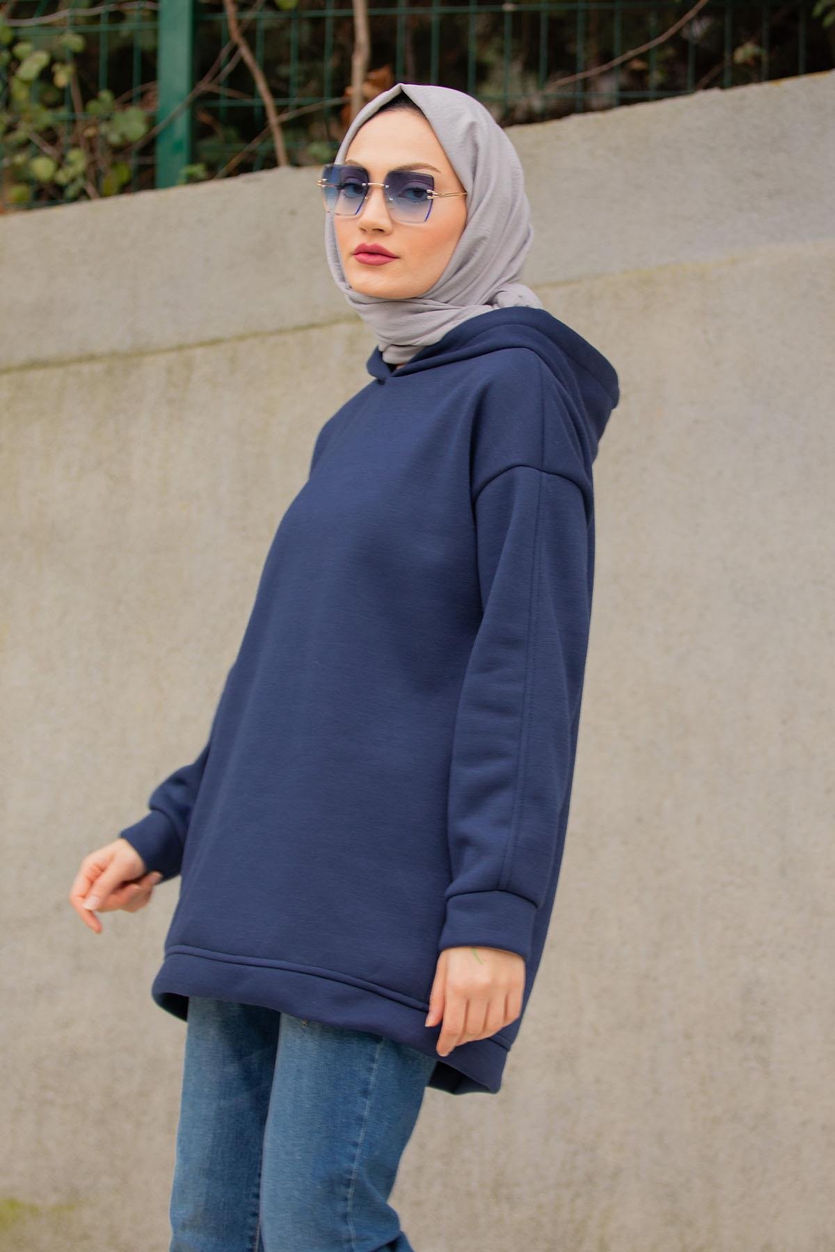 Basic Kapüşonlu Üç İplik Şardonlu Sweatshirt-Laci