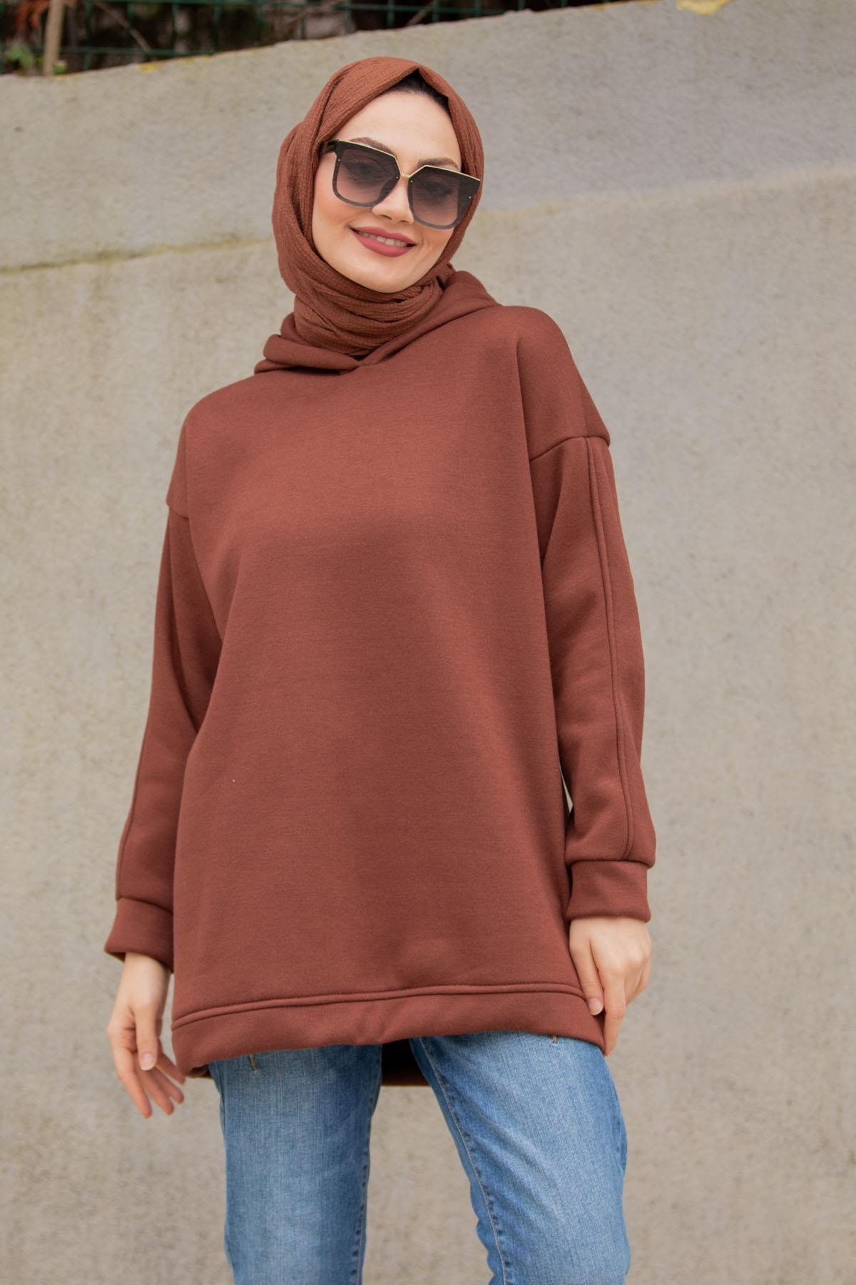Basic Kapüşonlu Üç İplik Şardonlu Sweatshirt-Kahve