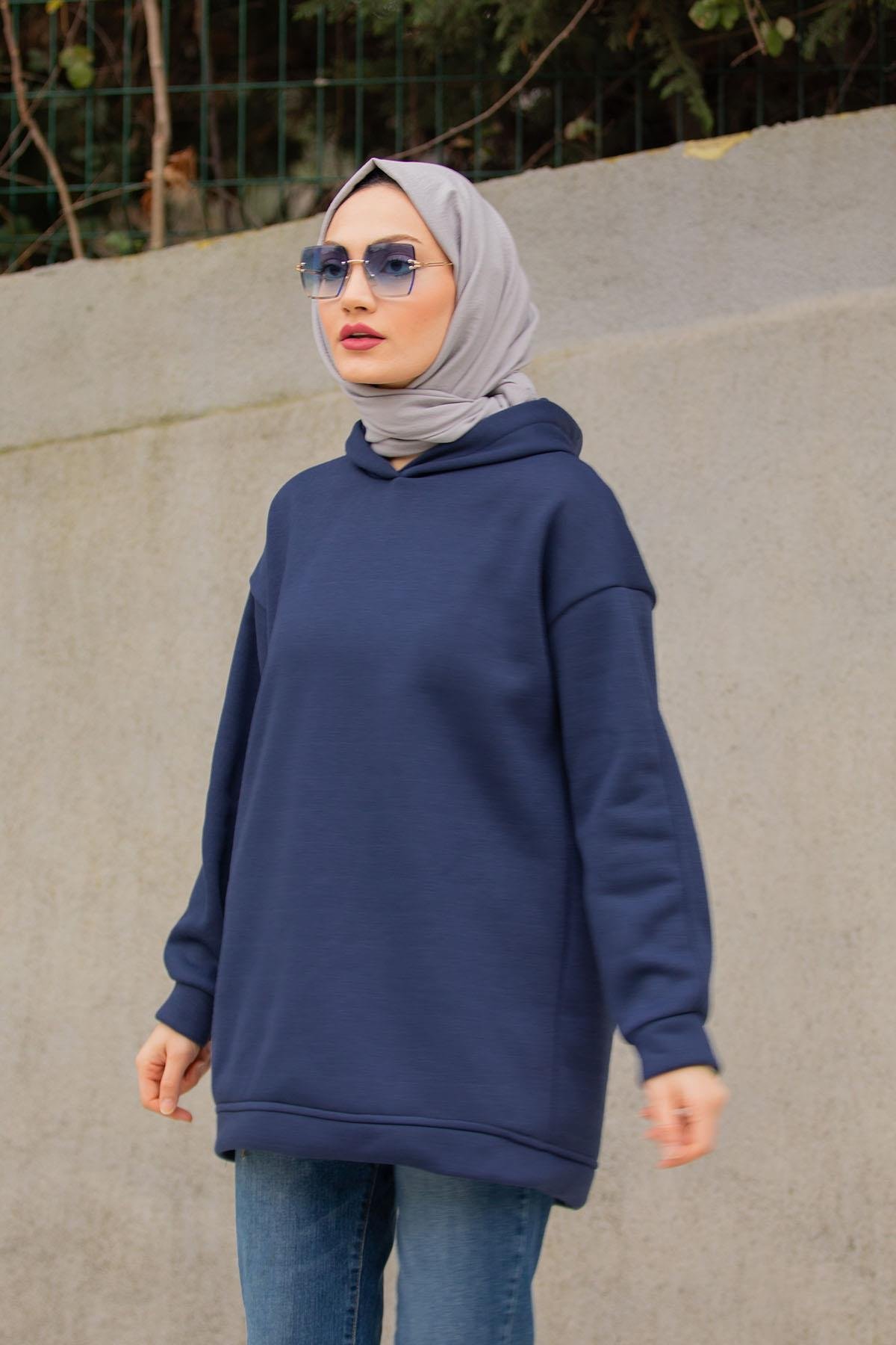 Basic Kapüşonlu Üç İplik Şardonlu Sweatshirt-Laci