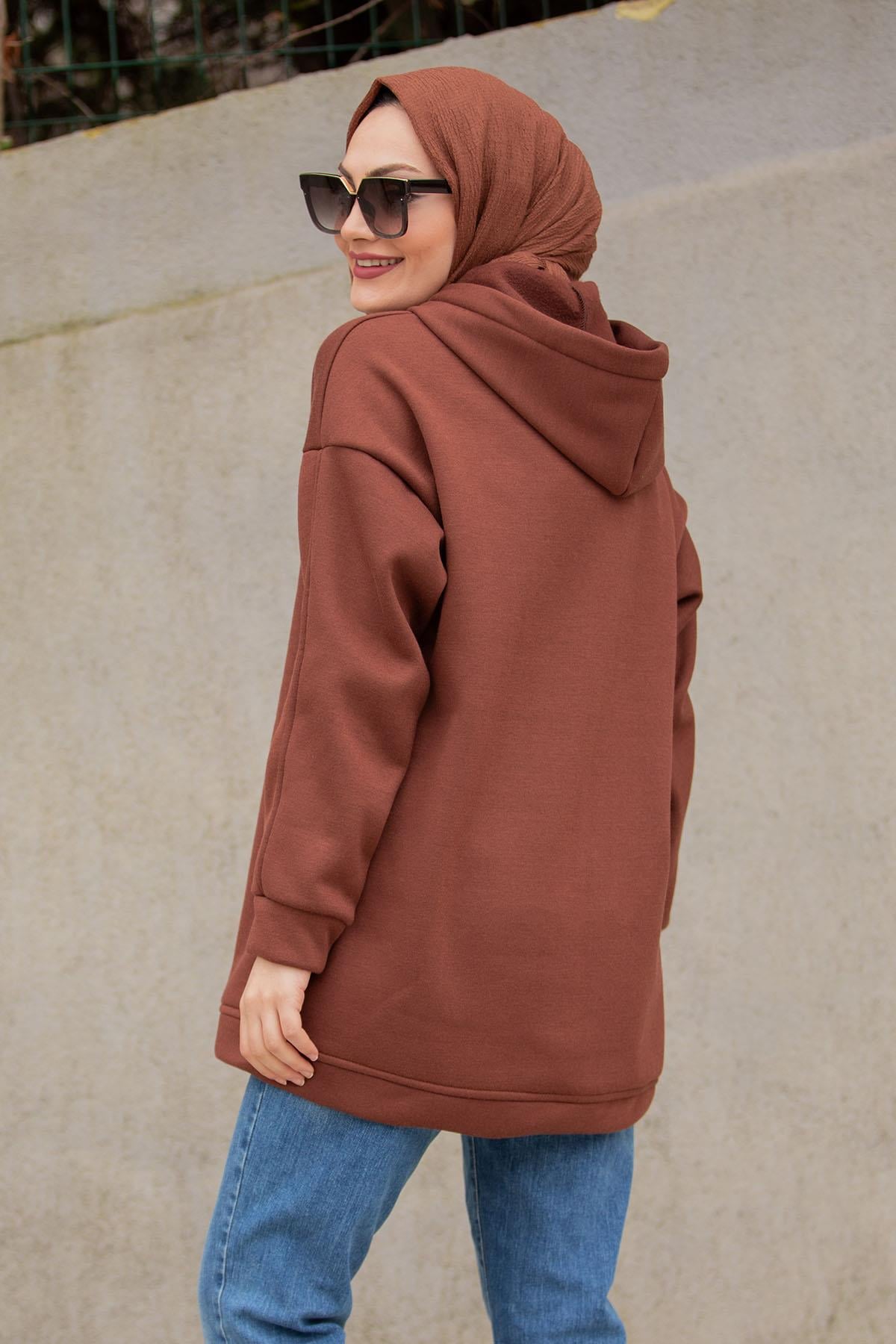 Basic Kapüşonlu Üç İplik Şardonlu Sweatshirt-Kahve