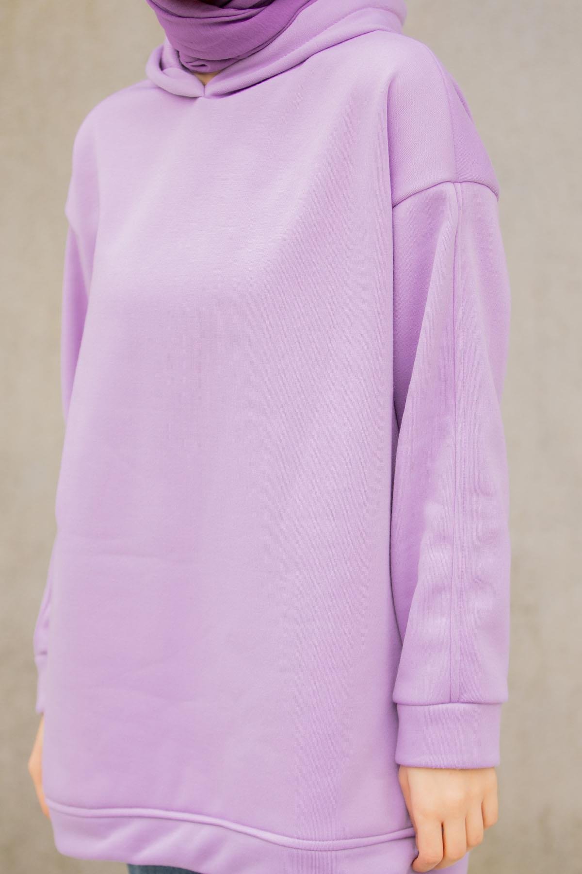 Basic Kapüşonlu Üç İplik Şardonlu Sweatshirt-Lila