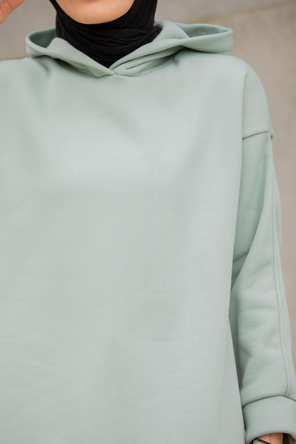Basic Kapüşonlu Üç İplik Şardonlu Sweatshirt-Mint