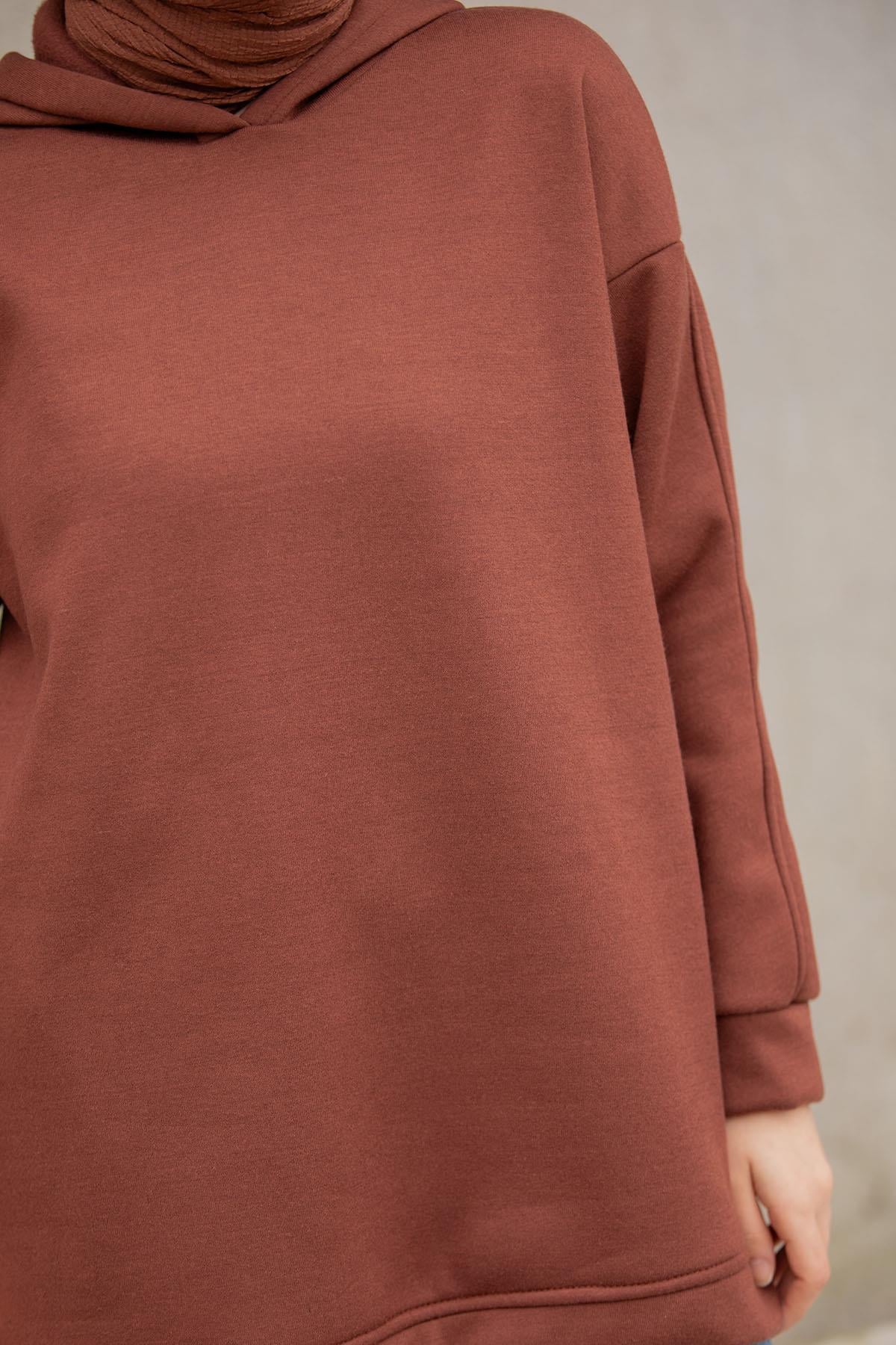 Basic Kapüşonlu Üç İplik Şardonlu Sweatshirt-Kahve