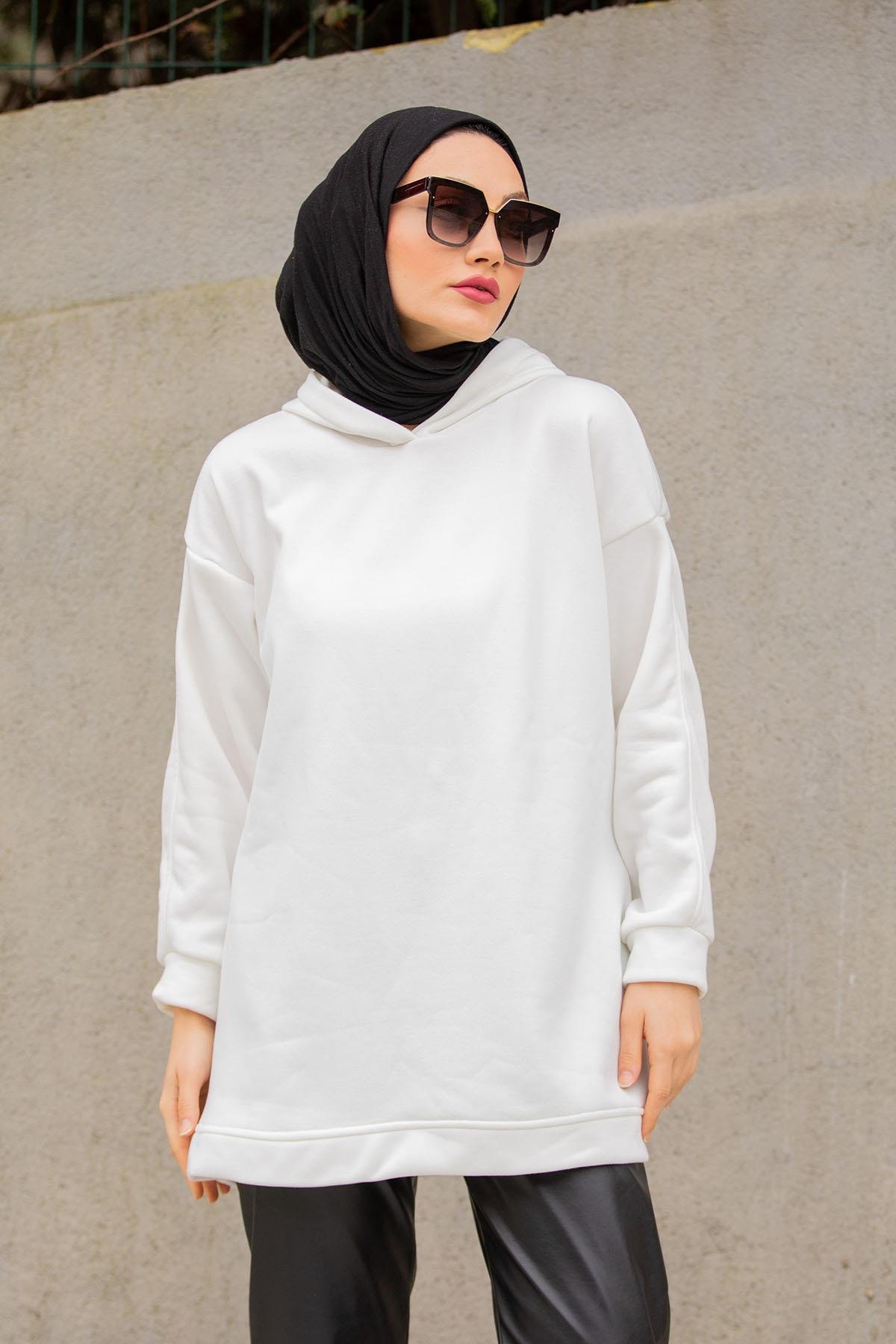 Basic Kapüşonlu Üç İplik Şardonlu Sweatshirt-Beyaz
