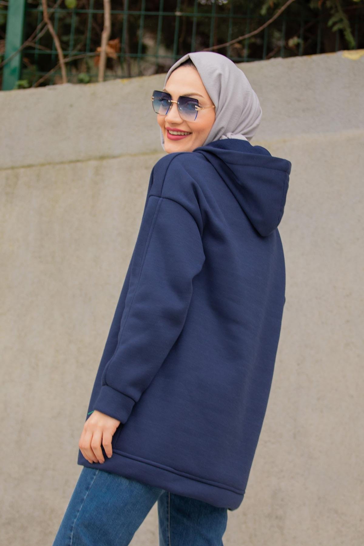 Basic Kapüşonlu Üç İplik Şardonlu Sweatshirt-Laci