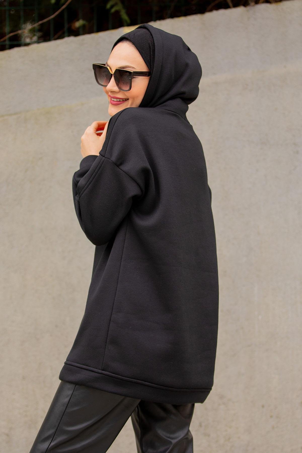 Basic Kapüşonlu Üç İplik Şardonlu Sweatshirt-Siyah