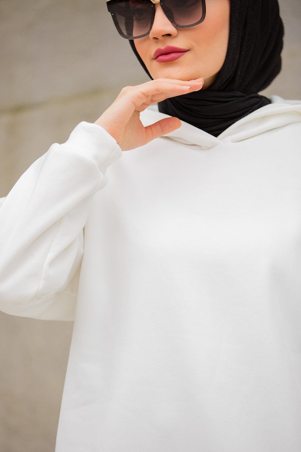 Basic Kapüşonlu Üç İplik Şardonlu Sweatshirt-Beyaz