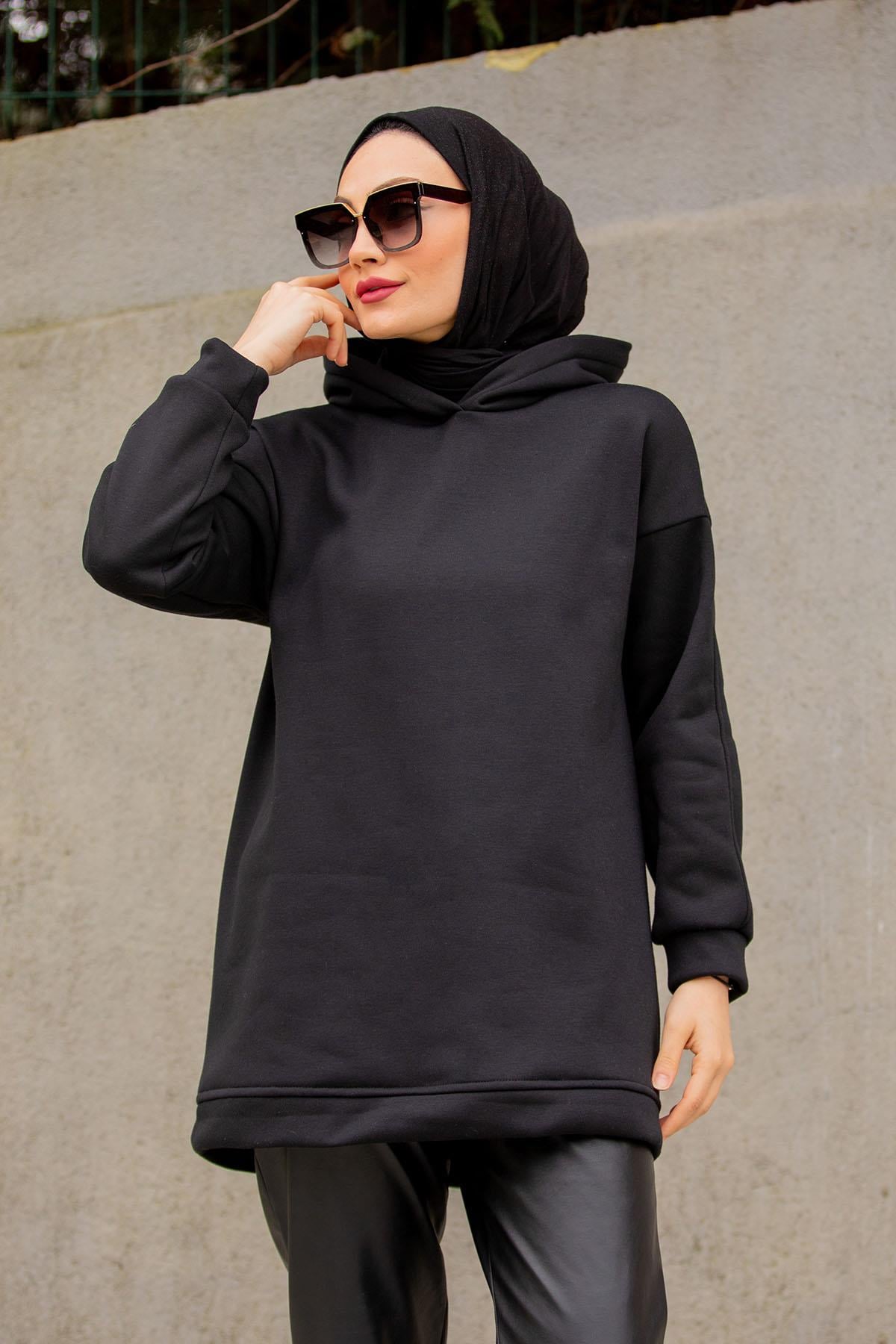 Basic Kapüşonlu Üç İplik Şardonlu Sweatshirt-Siyah