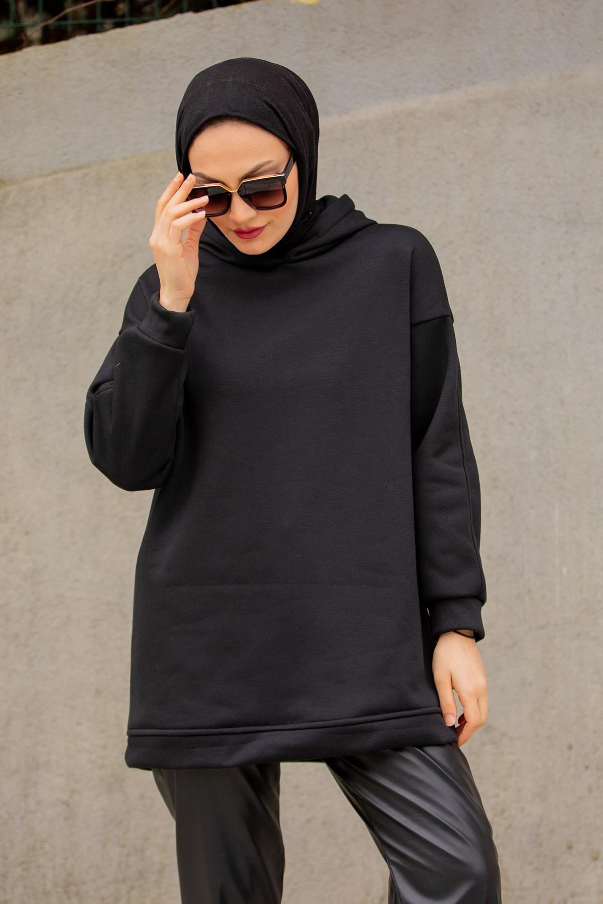 Basic Kapüşonlu Üç İplik Şardonlu Sweatshirt-Siyah