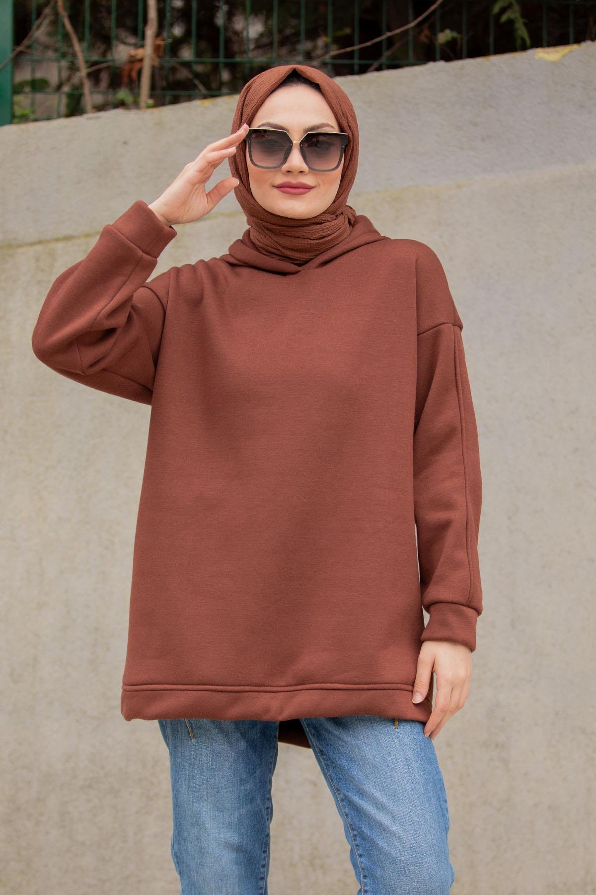 Basic Kapüşonlu Üç İplik Şardonlu Sweatshirt-Kahve