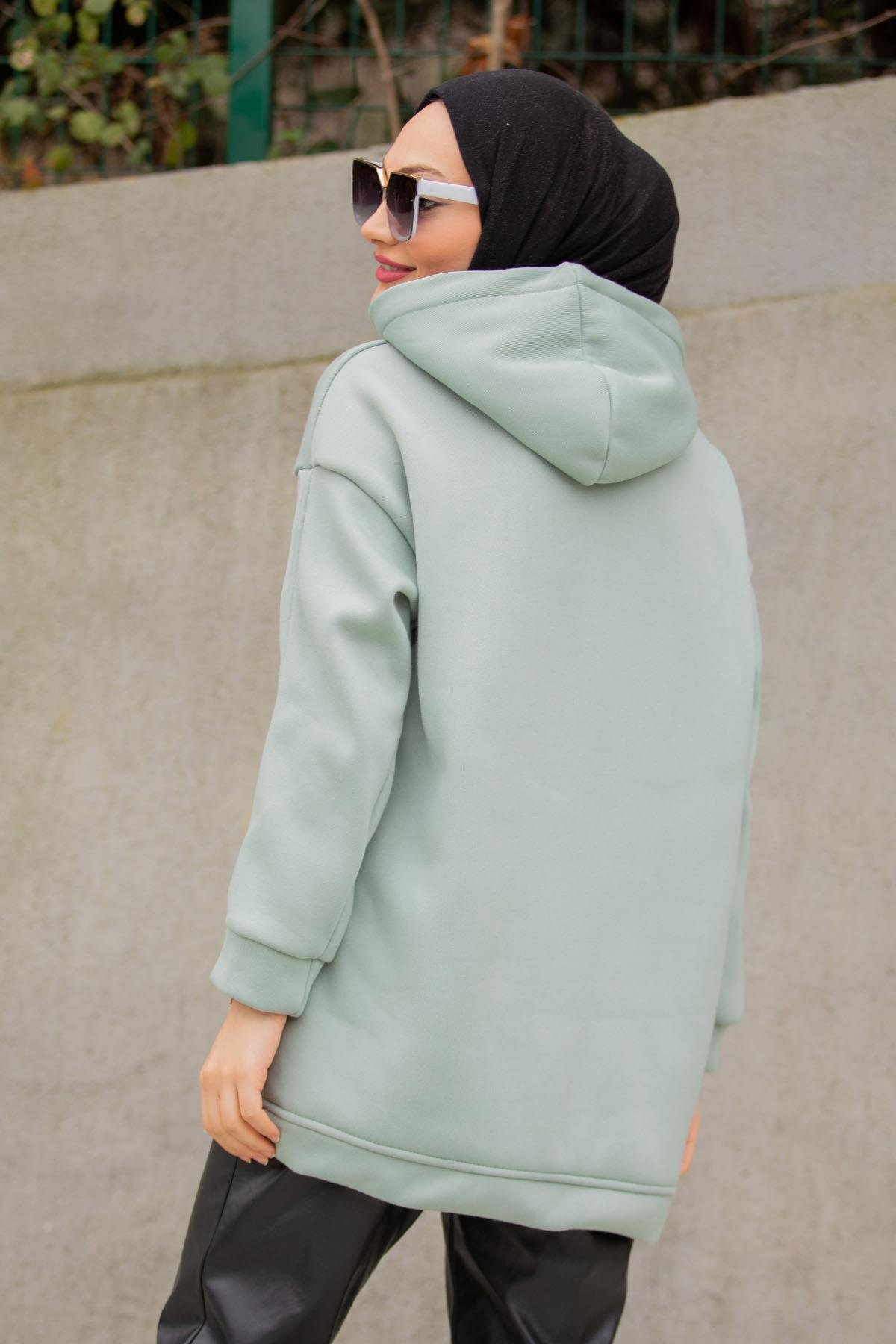 Basic Kapüşonlu Üç İplik Şardonlu Sweatshirt-Mint
