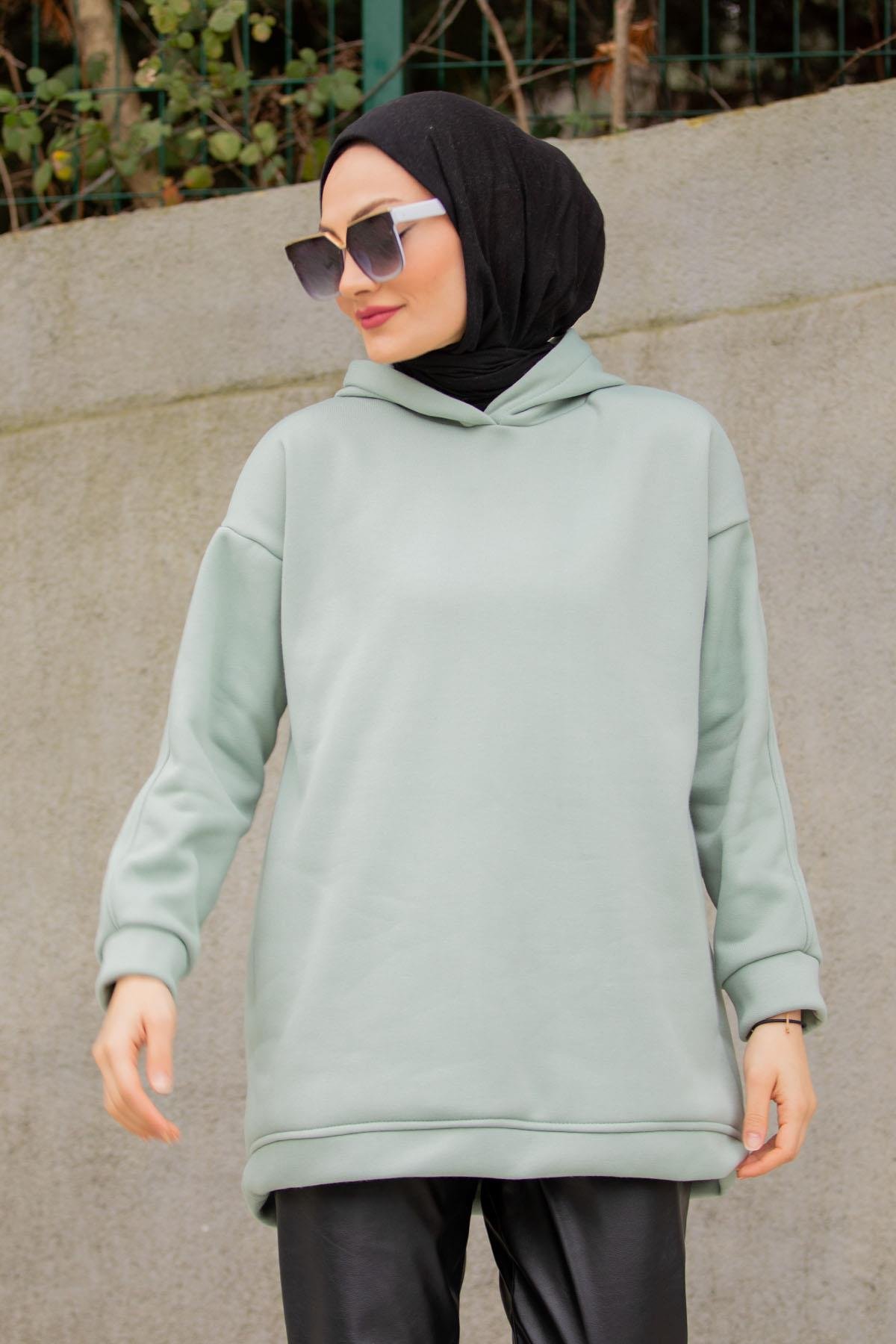Basic Kapüşonlu Üç İplik Şardonlu Sweatshirt-Mint