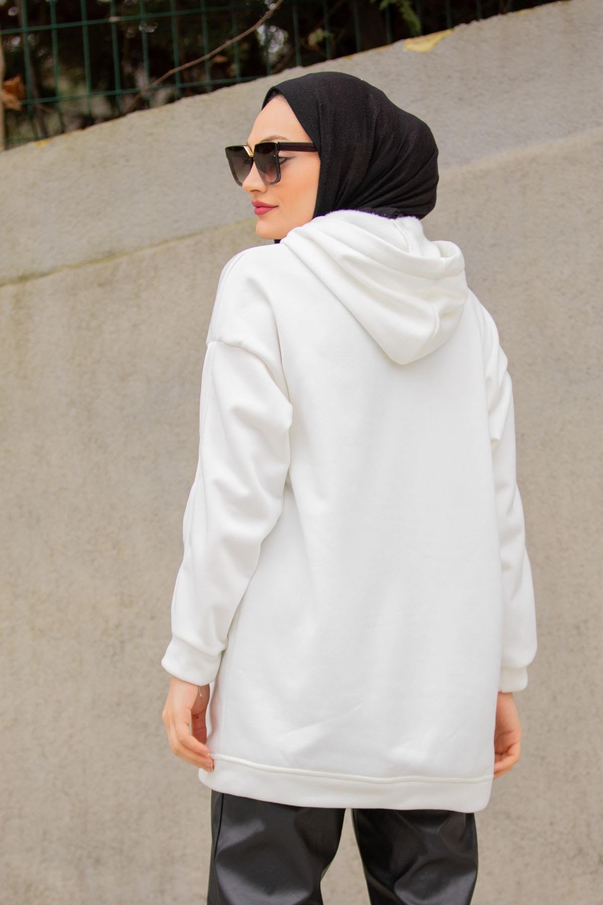 Basic Kapüşonlu Üç İplik Şardonlu Sweatshirt-Beyaz