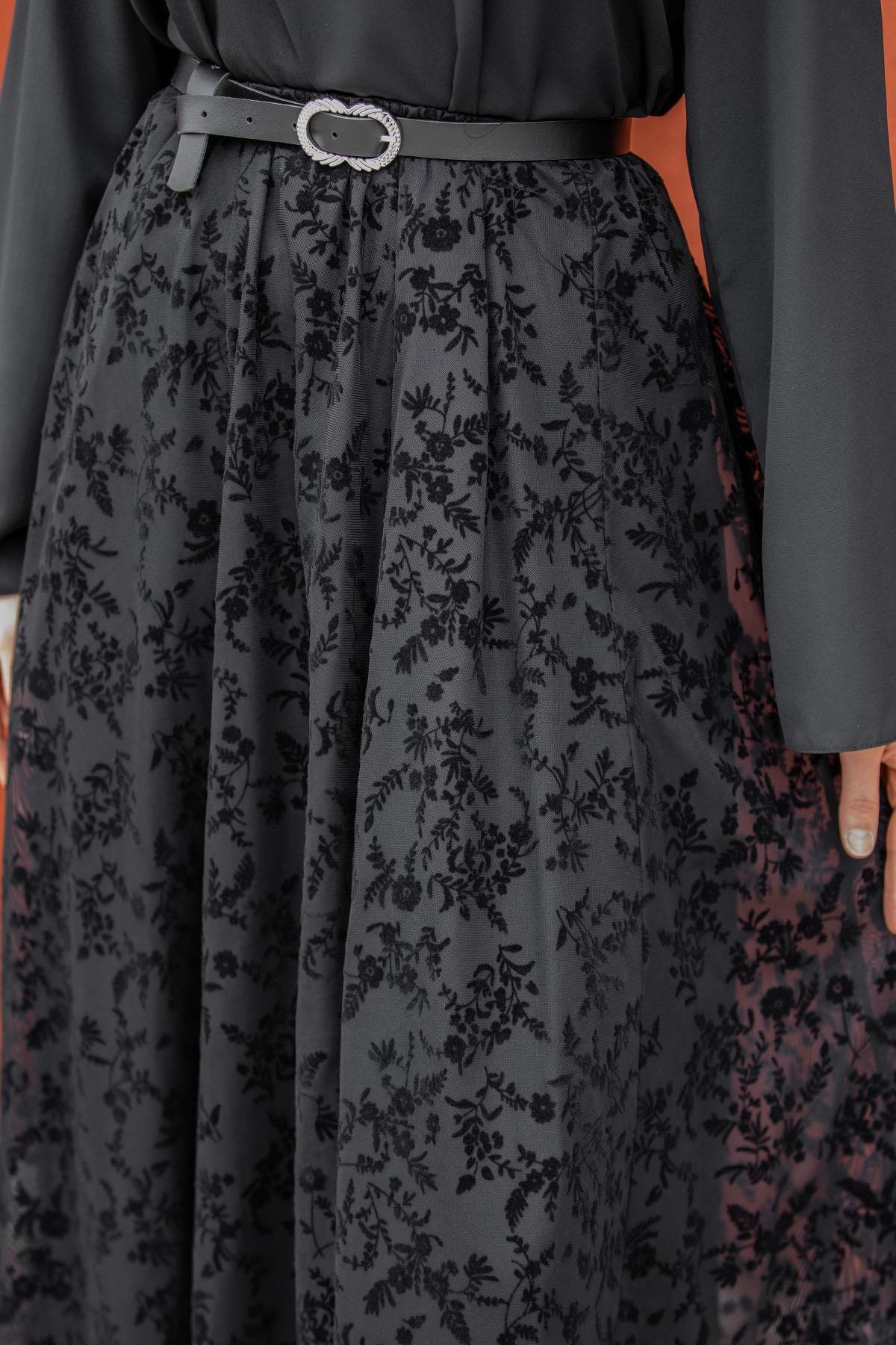 Baskılı Tül Parçalı Asimetrik Kesim Etek-Siyah