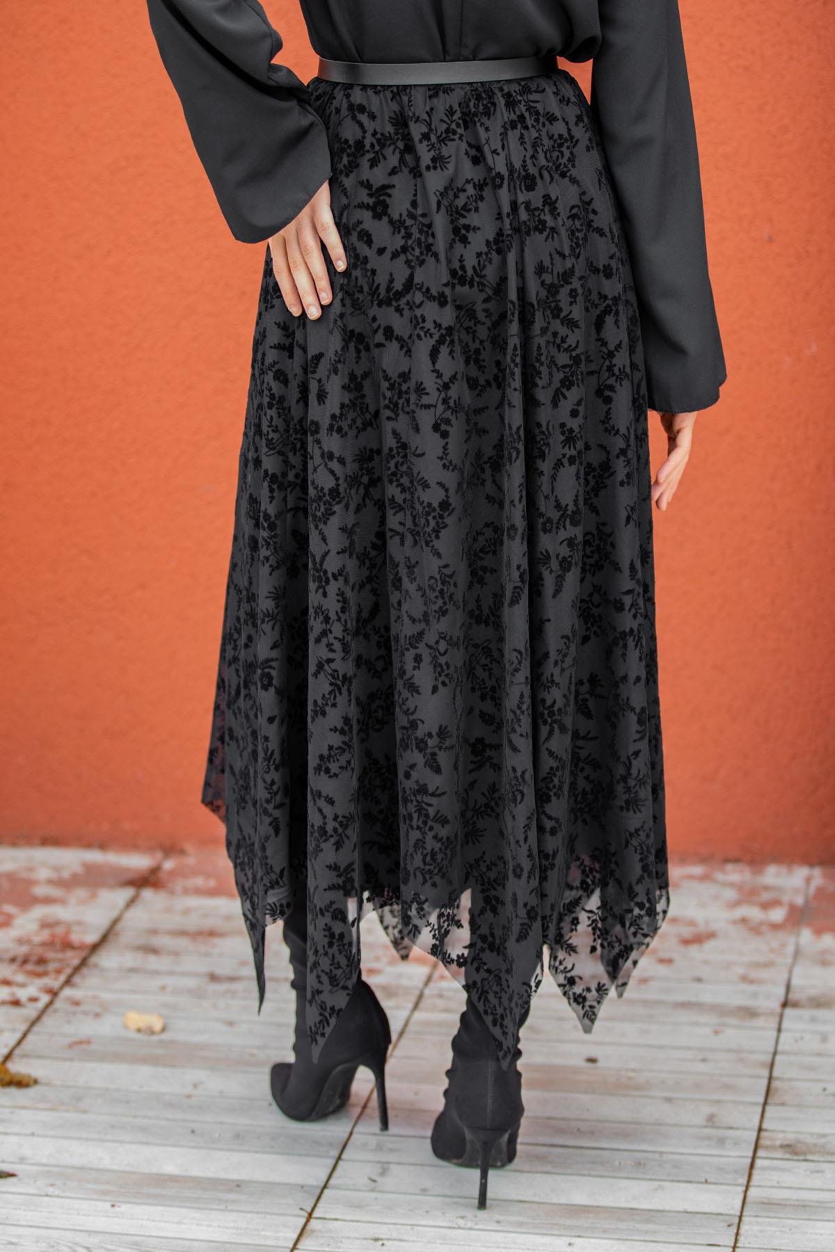 Baskılı Tül Parçalı Asimetrik Kesim Etek-Siyah