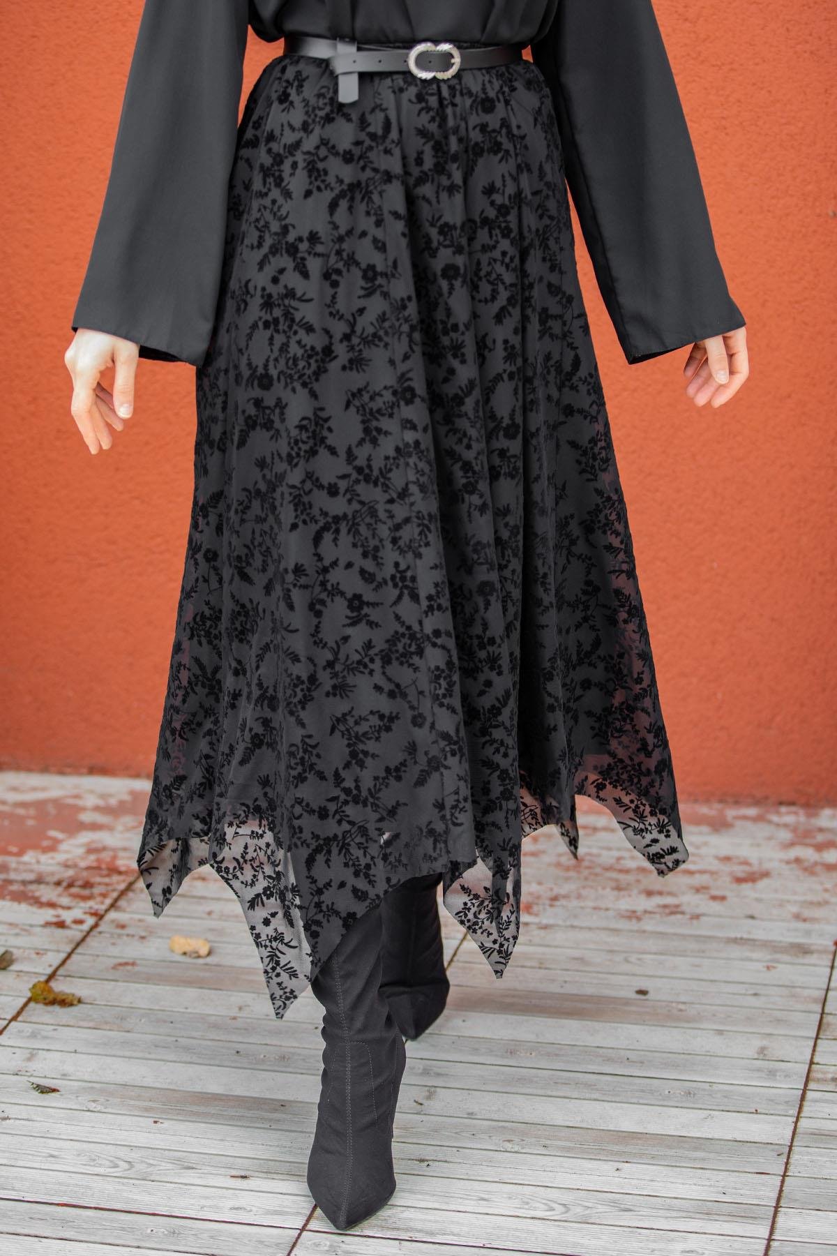 Baskılı Tül Parçalı Asimetrik Kesim Etek-Siyah