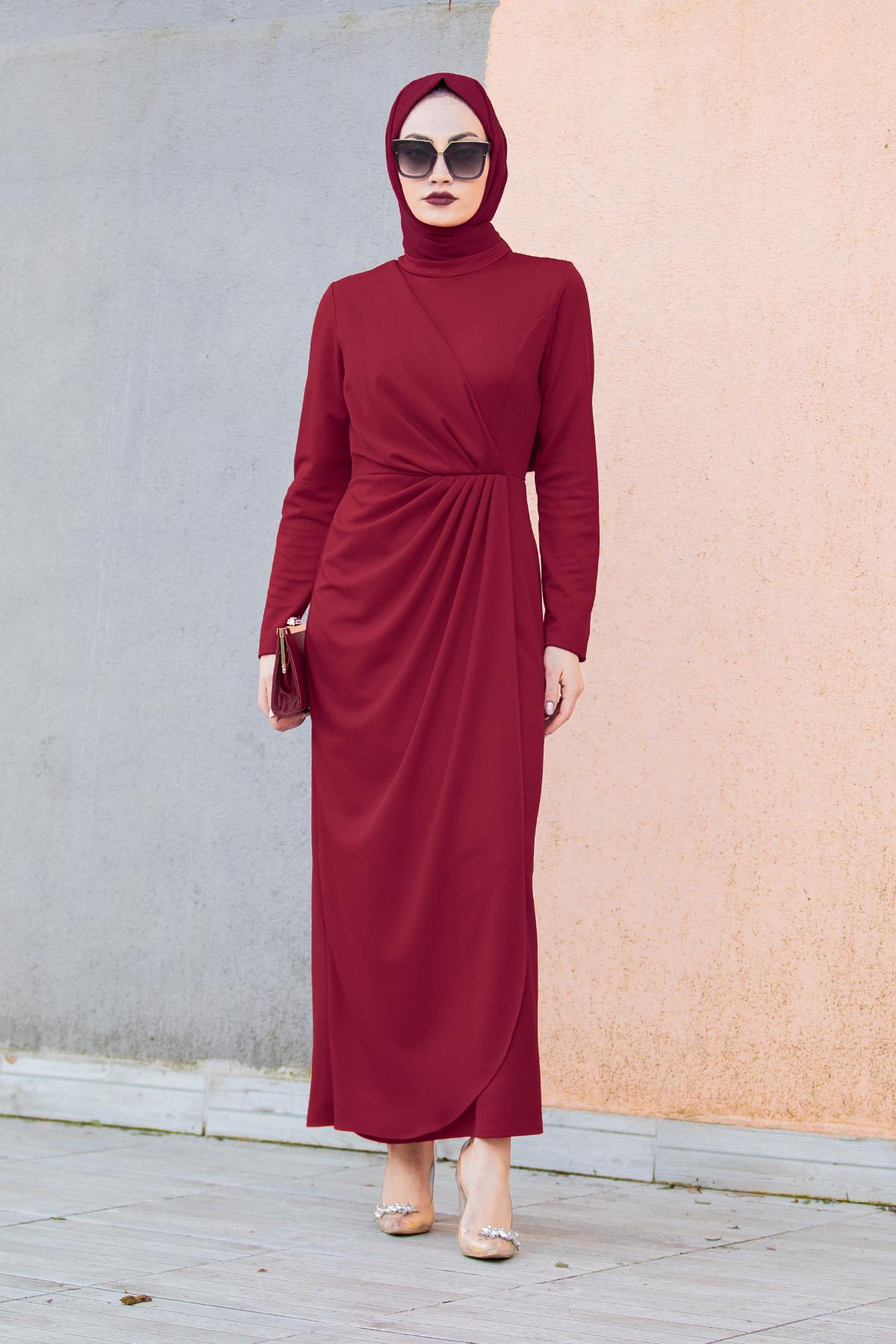 Bel Drape Pileli Özel Gün Elbisesi-Bordo