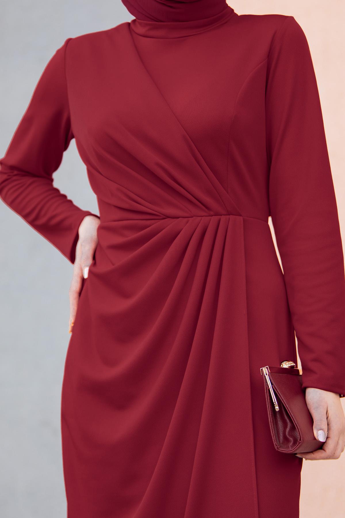 Bel Drape Pileli Özel Gün Elbisesi-Bordo