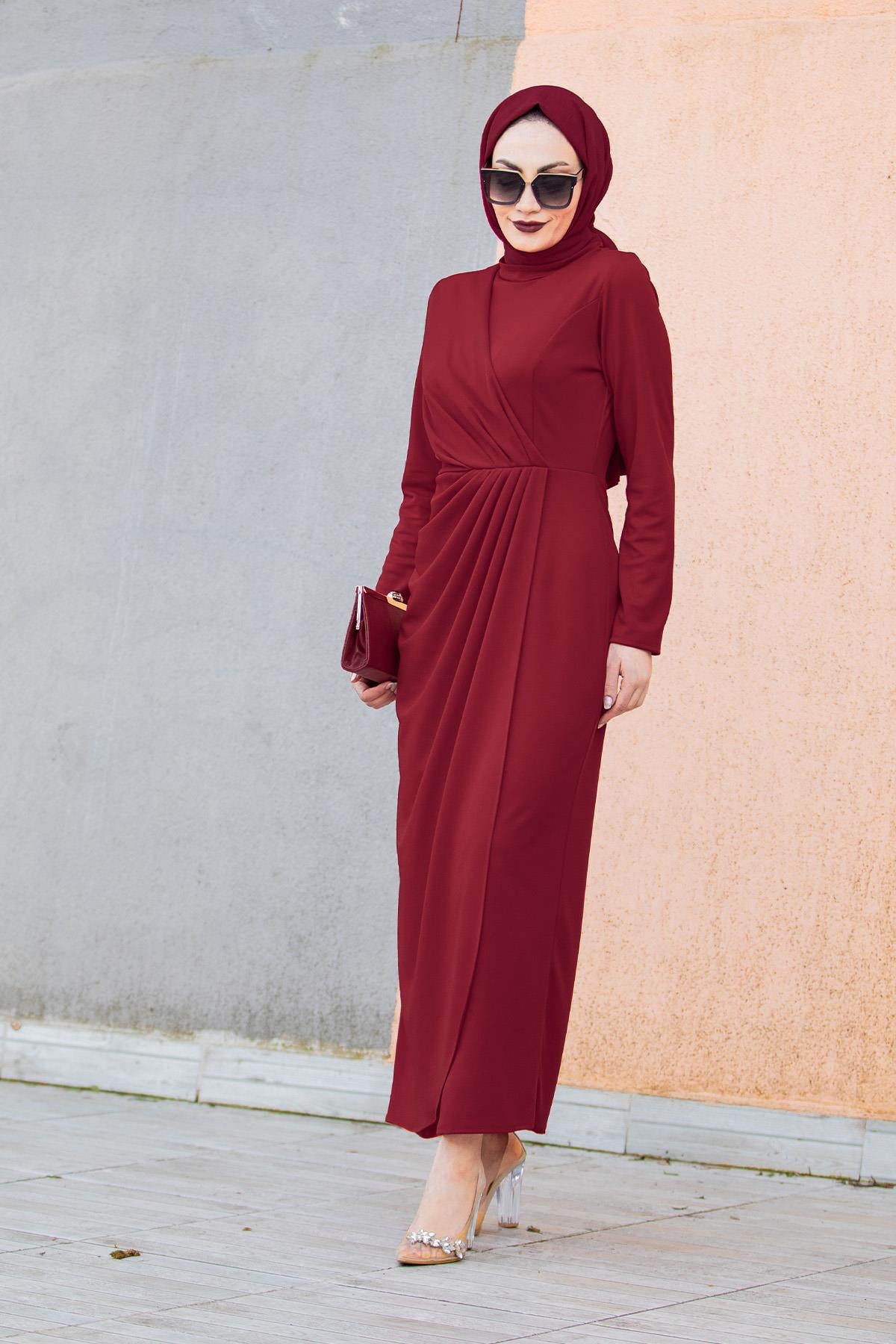 Bel Drape Pileli Özel Gün Elbisesi-Bordo
