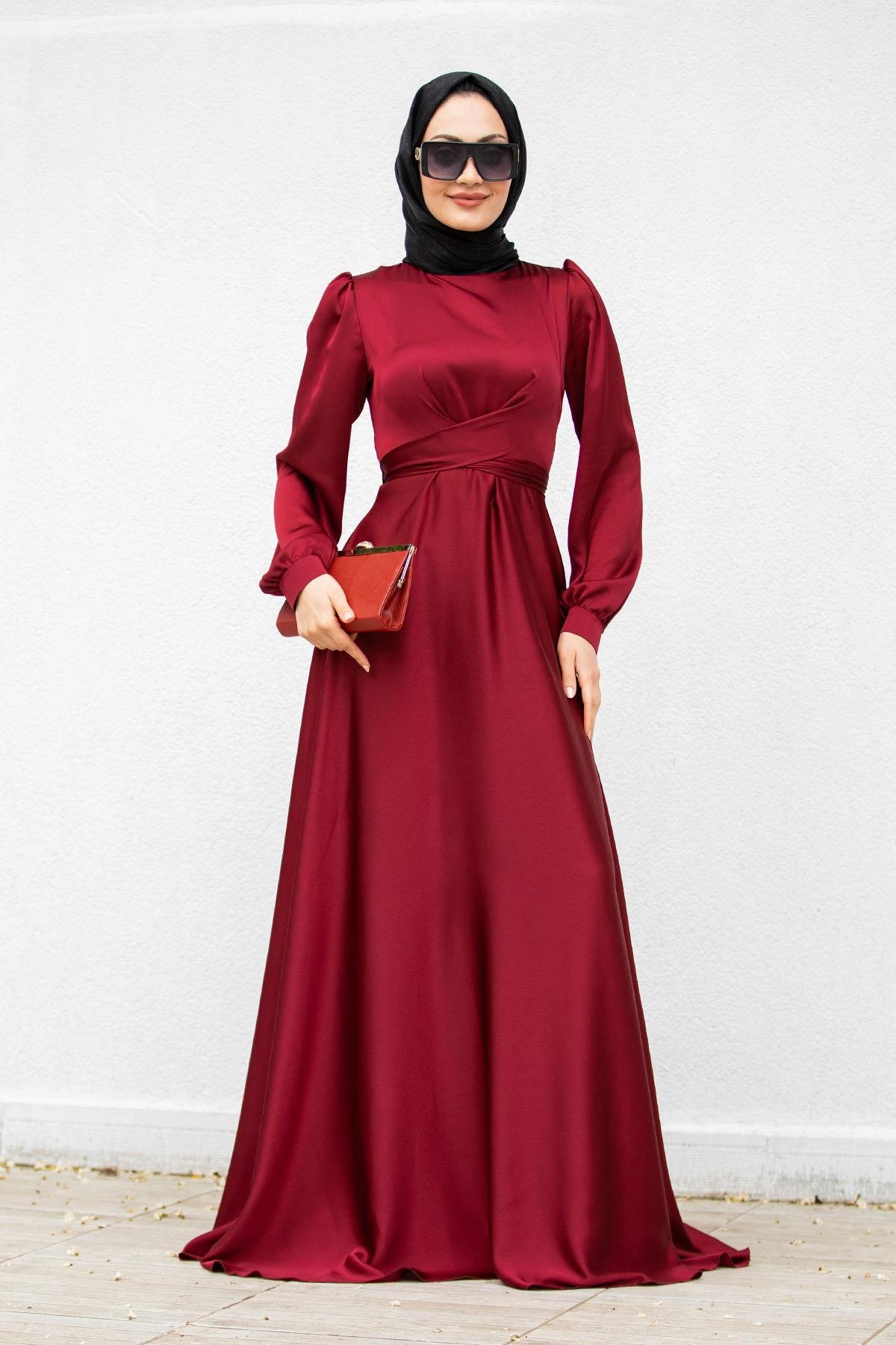 Bel Kruvaze Bağlama Uzun Saten Abiye-Bordo