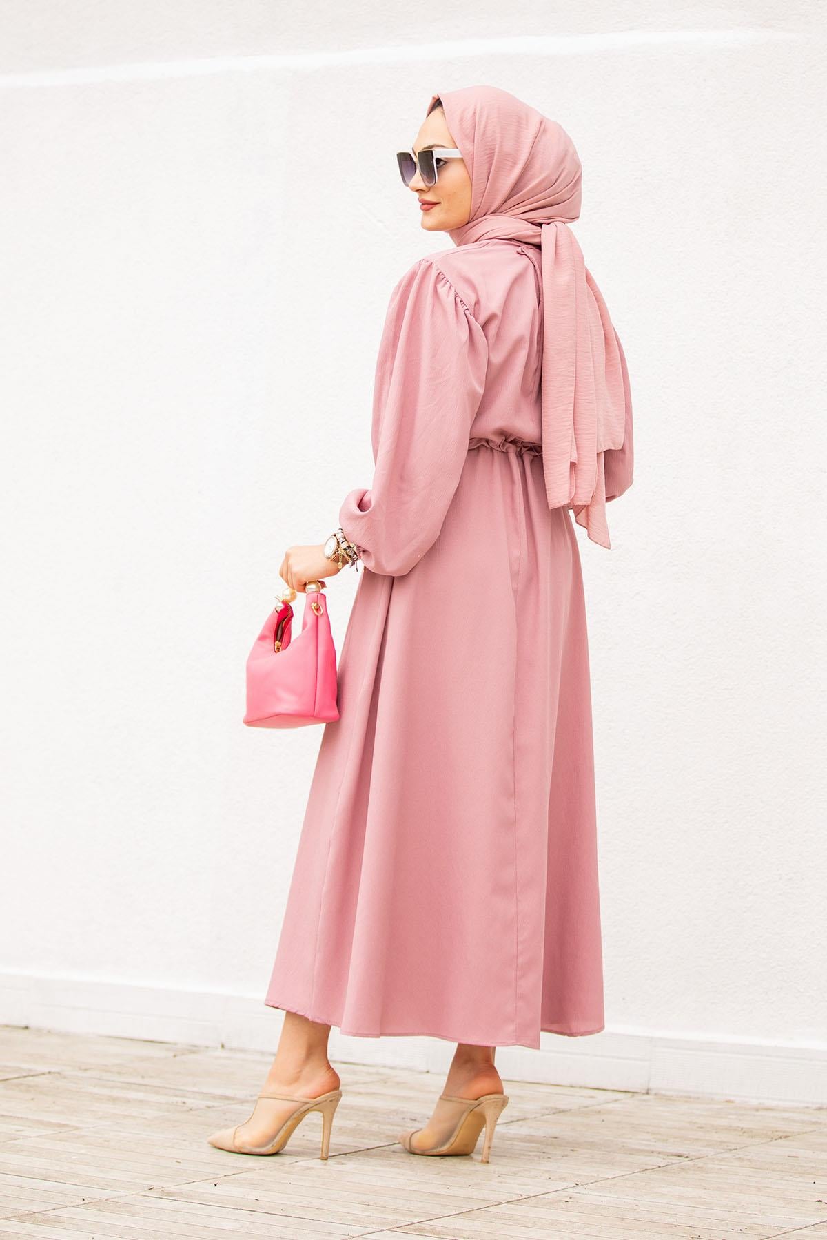 Bel Tünelli Krinkıl Elbise-Pembe