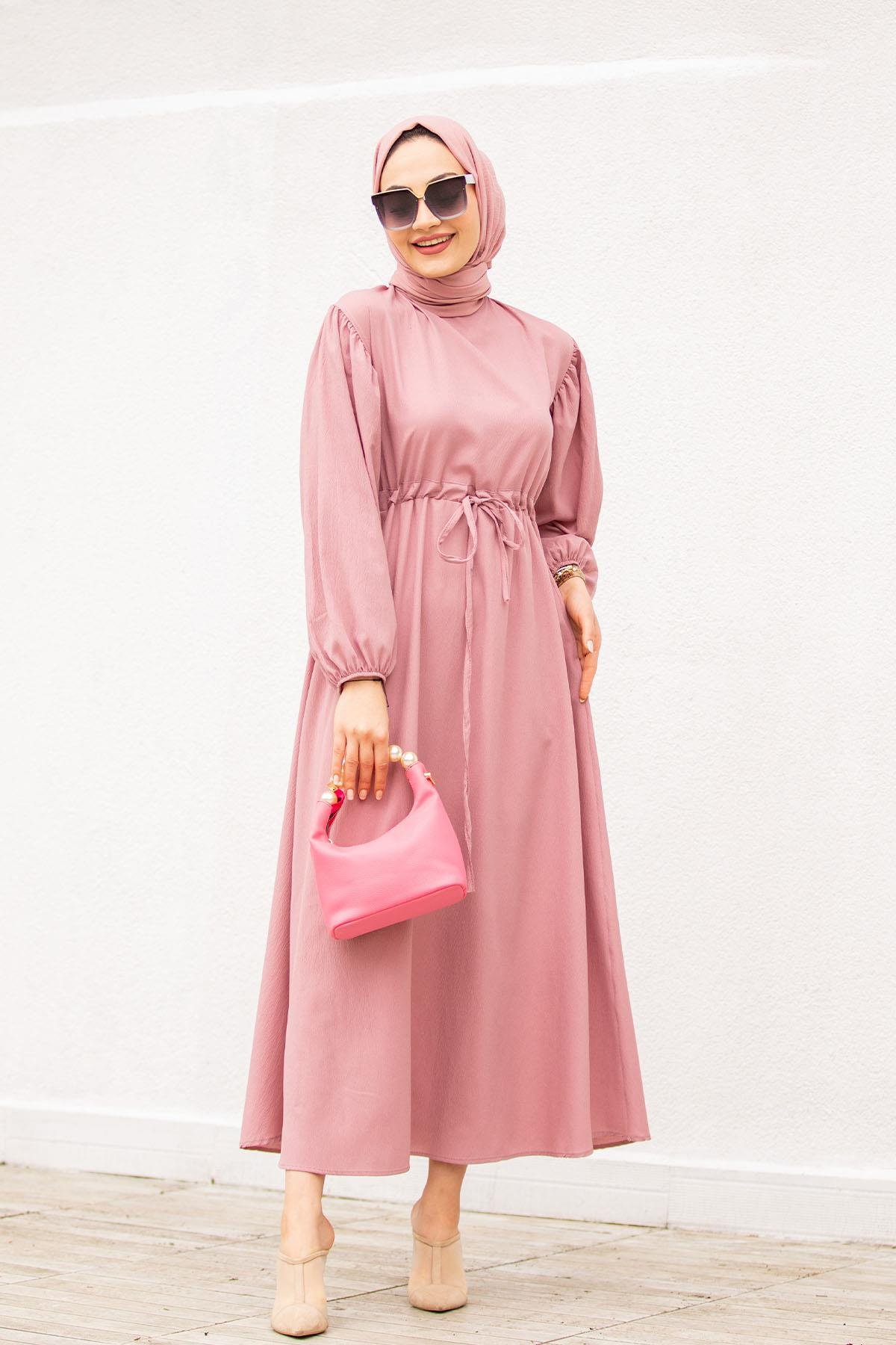 Bel Tünelli Krinkıl Elbise-Pembe